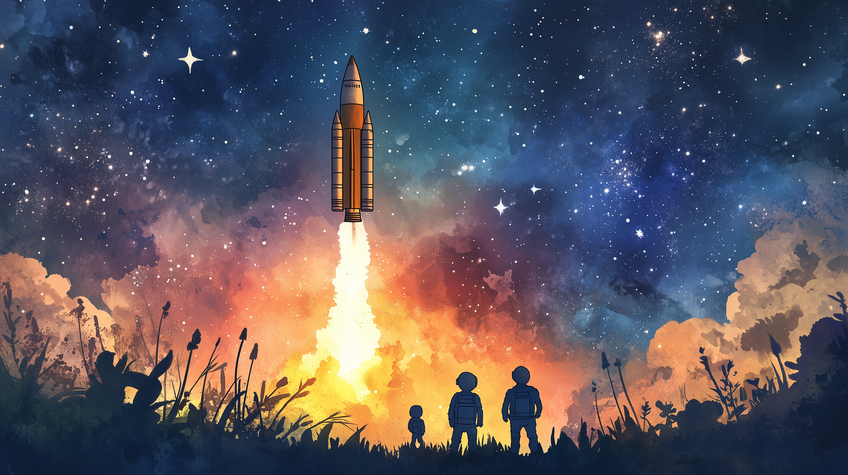 Rocket Launch Pad Wall Mural, Peel and Stick Starry Night Wallpaper, Astronauts Celestial Mural, Watercolor Stars Art