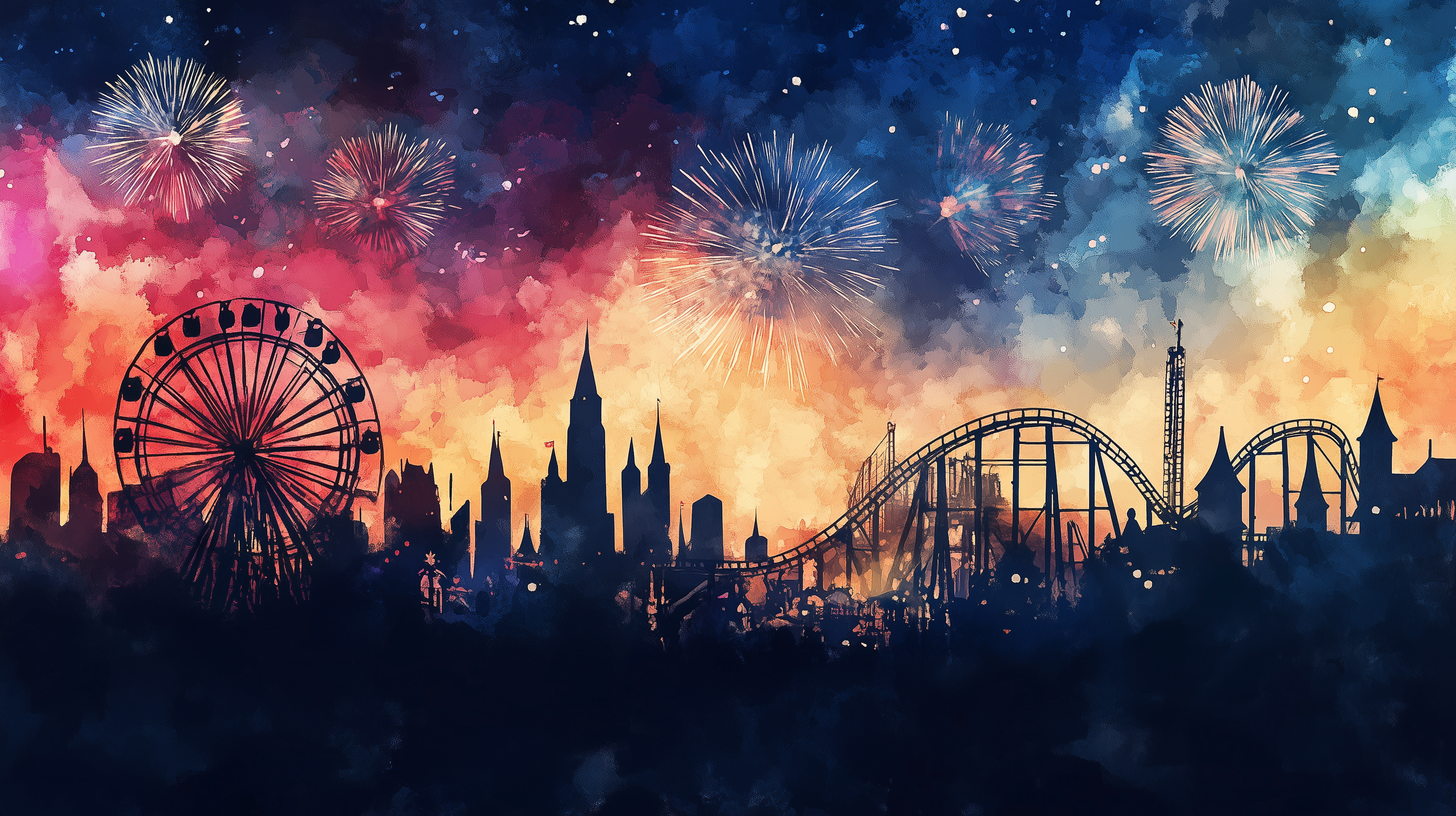 Ferris Wheel and Castle Wallpaper, Peel and Stick Florida Iconic Park View Mural, Fireworks Colorful Wall Art
