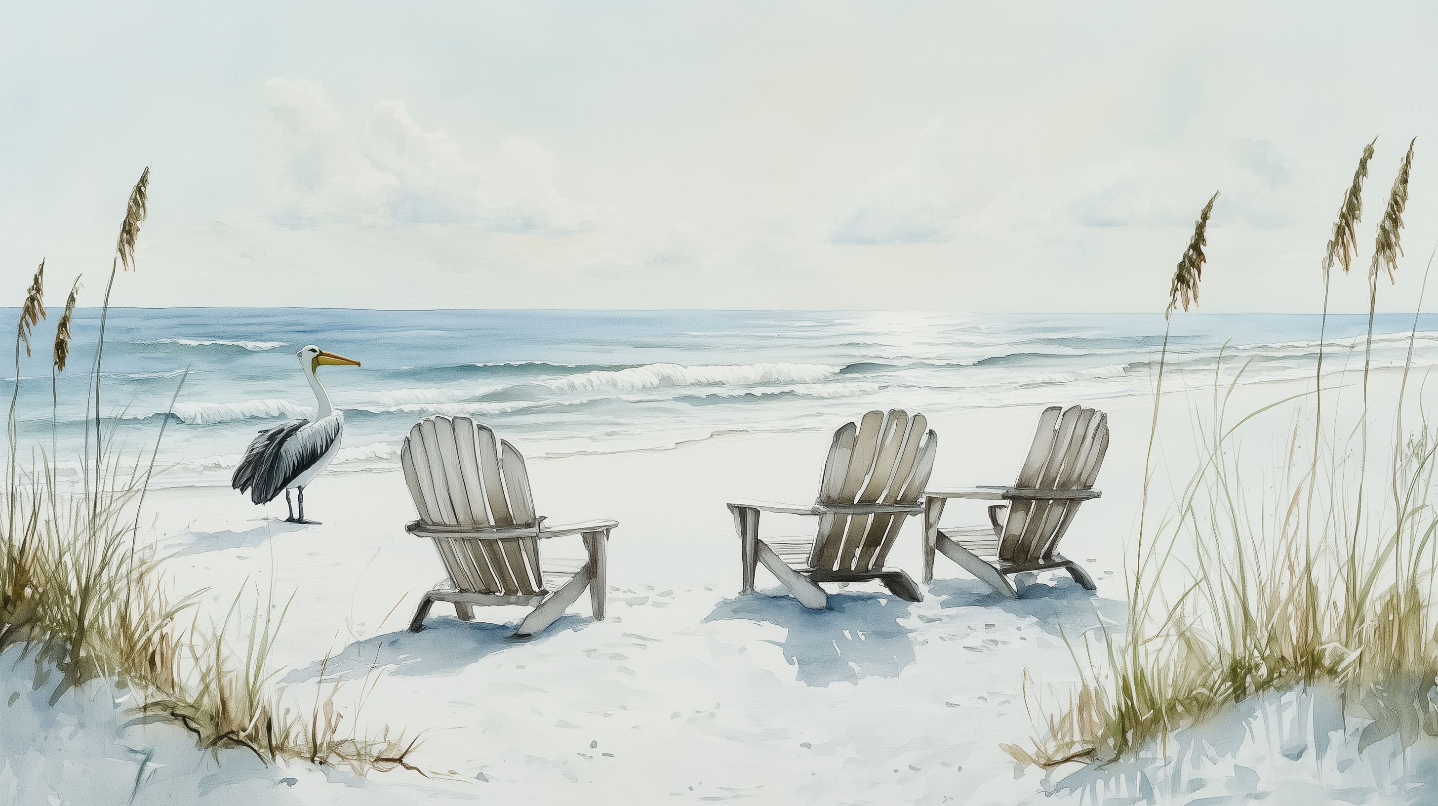 Pelicans on White Sand Beach Mural, Peel and Stick Calm Ocean Wallpaper, Florida Coastal Wall Decor