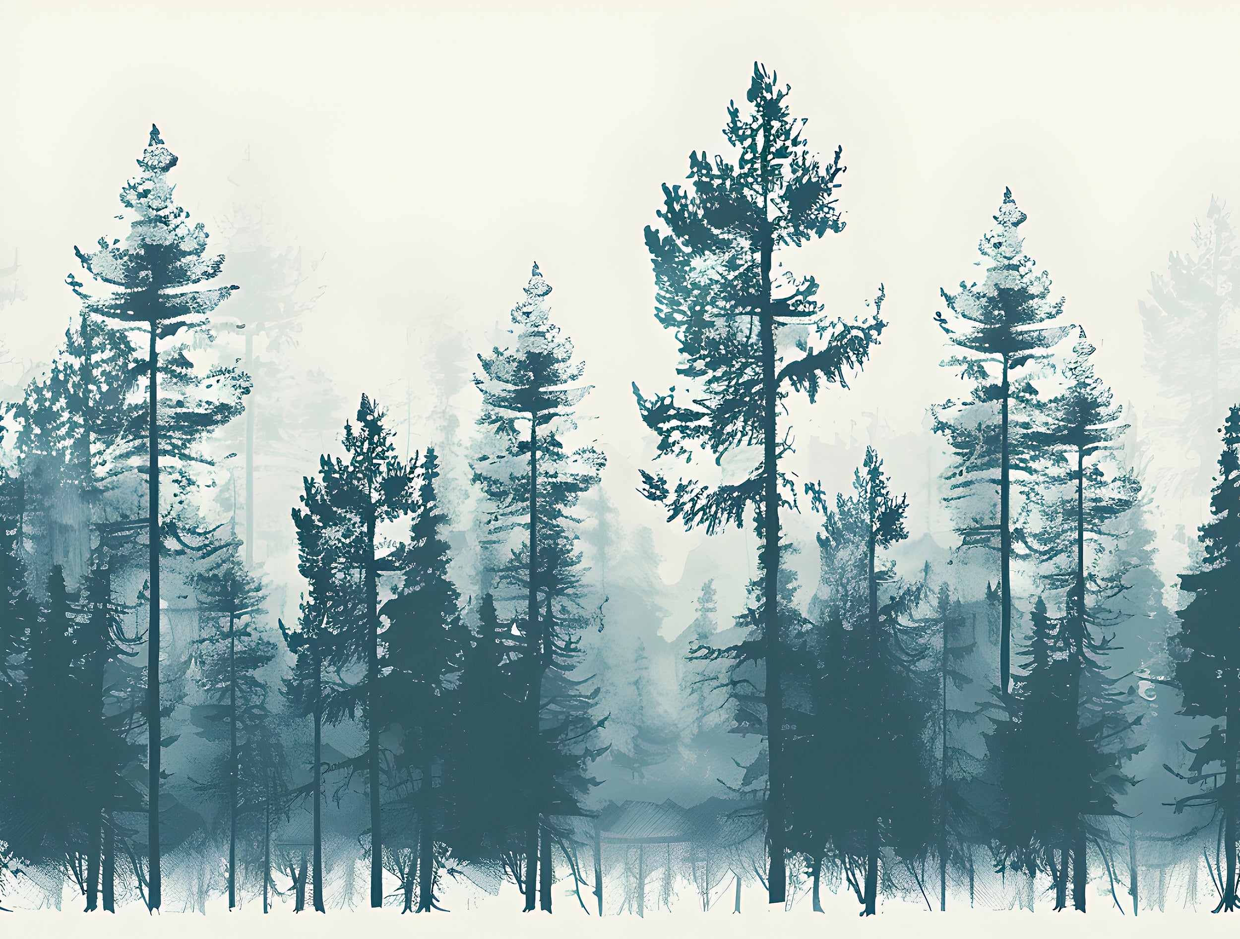 Watercolor Pine Tree Forest Wallpaper, Peel and Stick Nature Mural, Green and Beige Vintage Forest, Classic Seamless Wallpaper