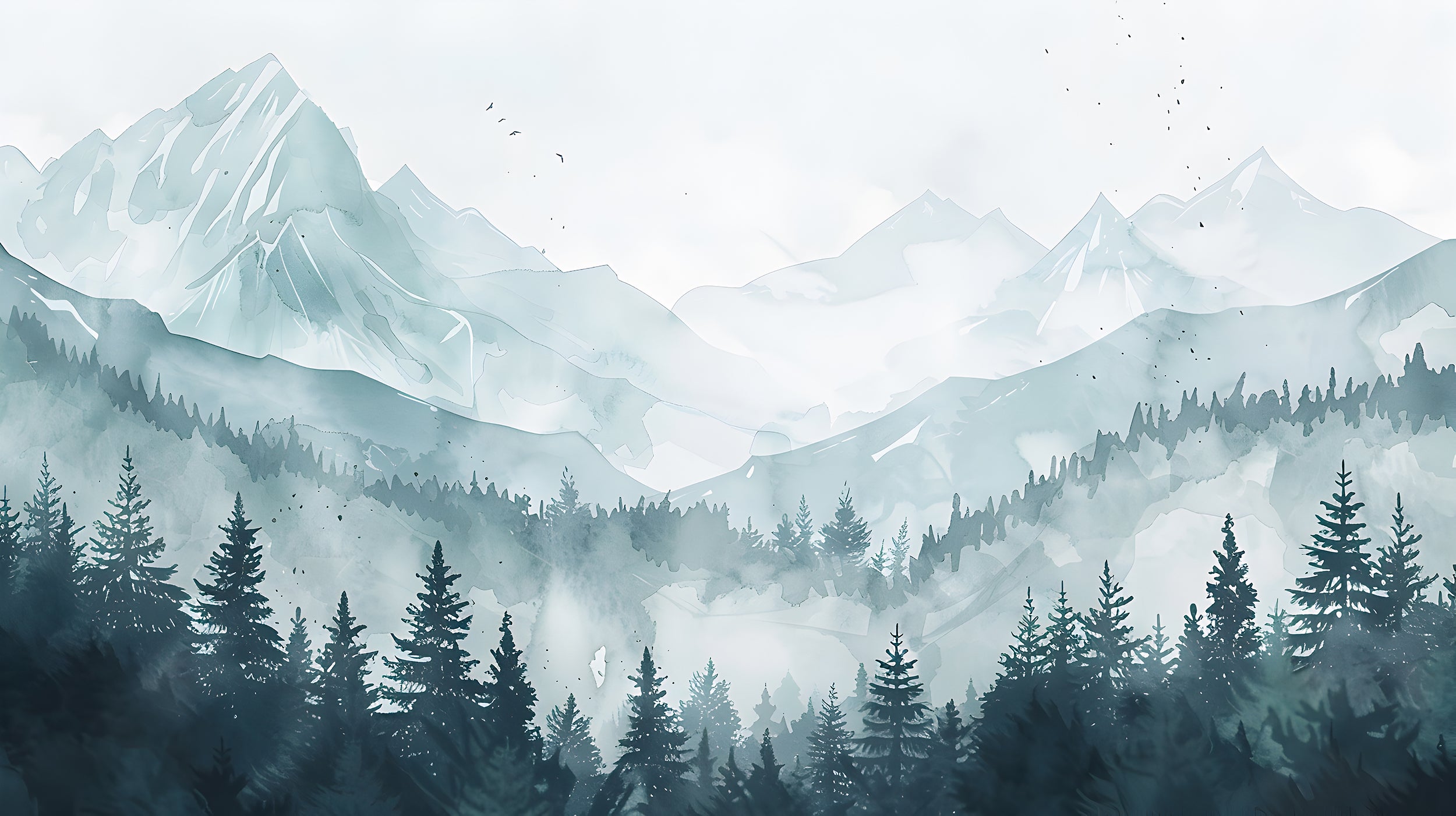 Mountain and Forest Landscape Mural, Watercolor Mountains Wallpaper, Peel and Stick Pine Forest Wall Decal, Nursery Blue Mountain Mural