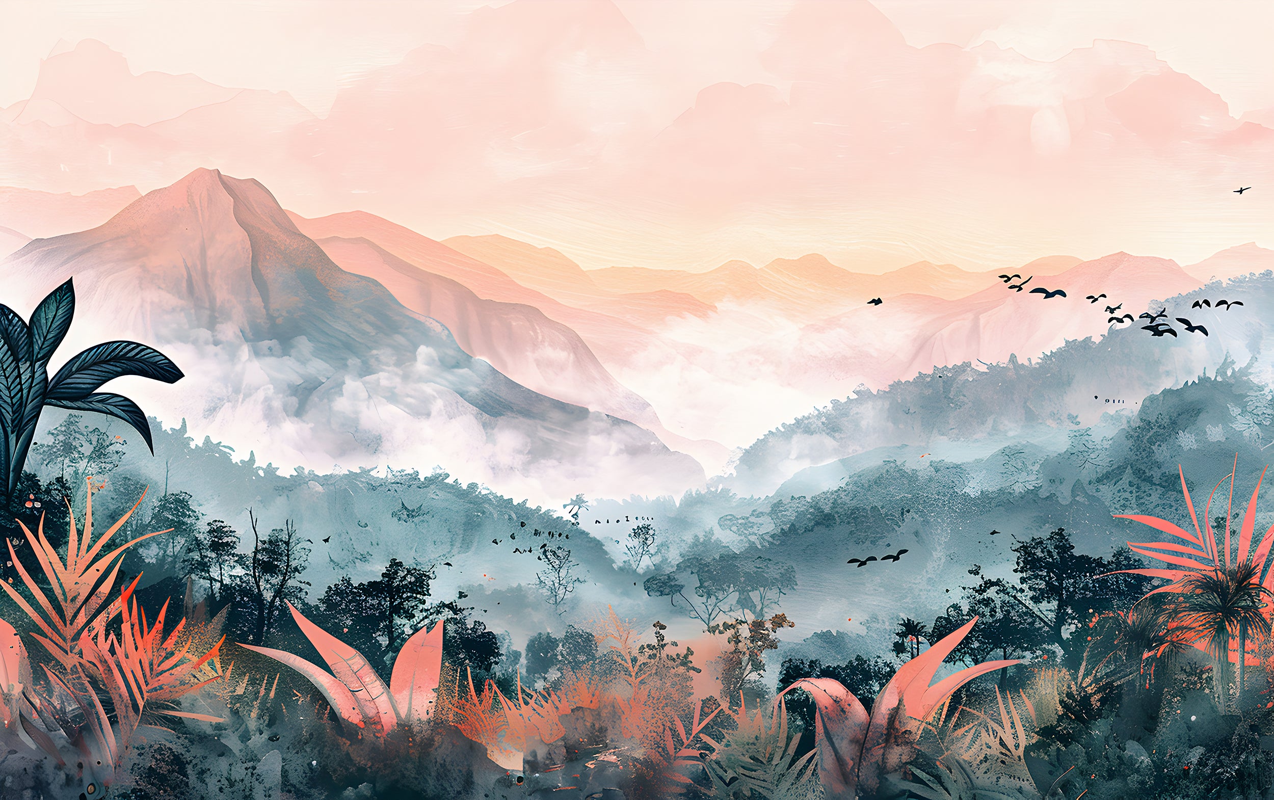 Colorful Jungle Forest Mural, Mountains in the Forest Wallpaper, Peel and Stick Colorful Mountain, Wild Nature Wall Decal, Nursery PVC free