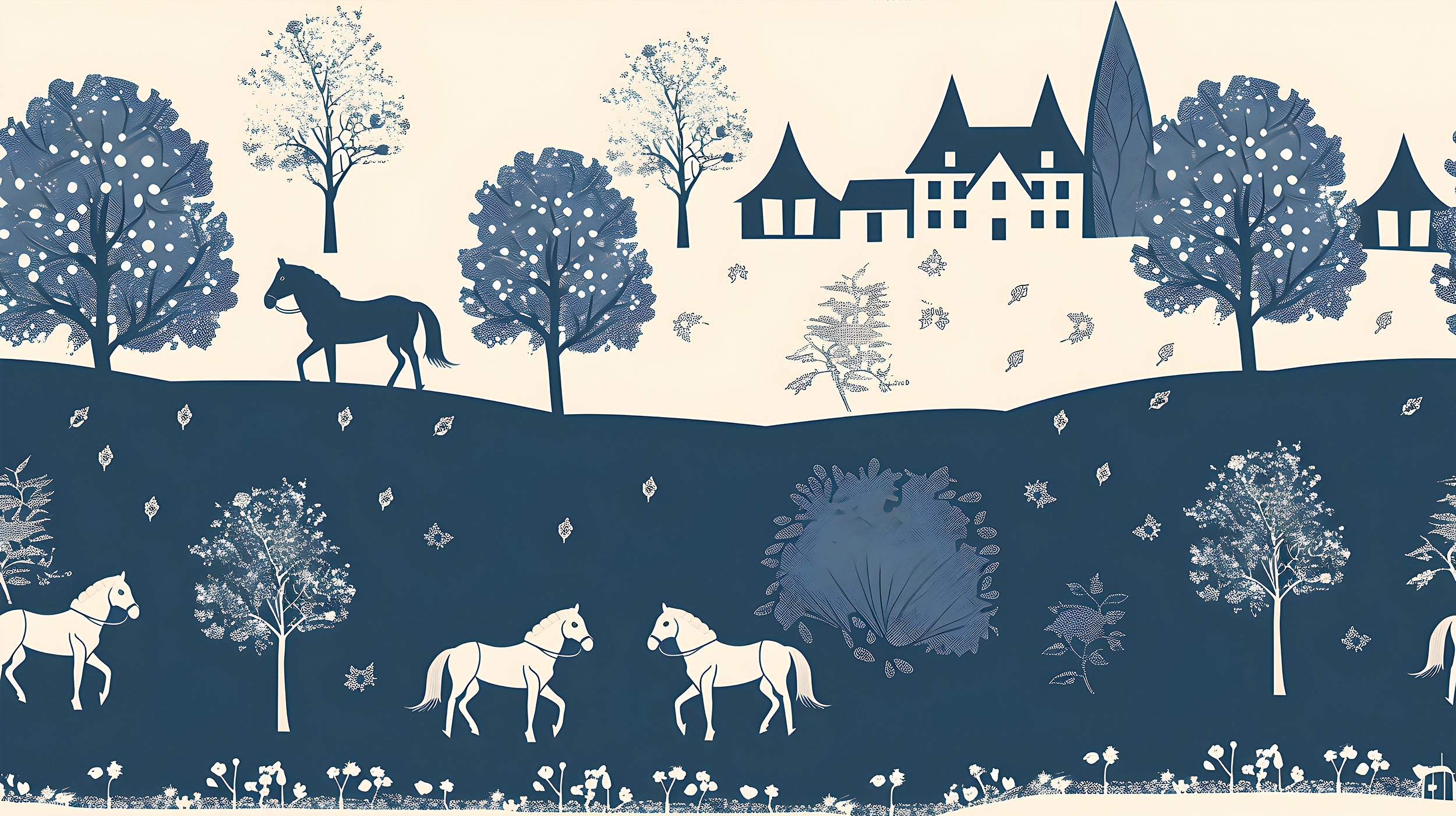 Blue and Beige Traditional Wallpaper, Watercolor Old Town Landscape Mural, Horizontal Seamless Pattern Classic Wallpaper, Peel and Stick House and Horses