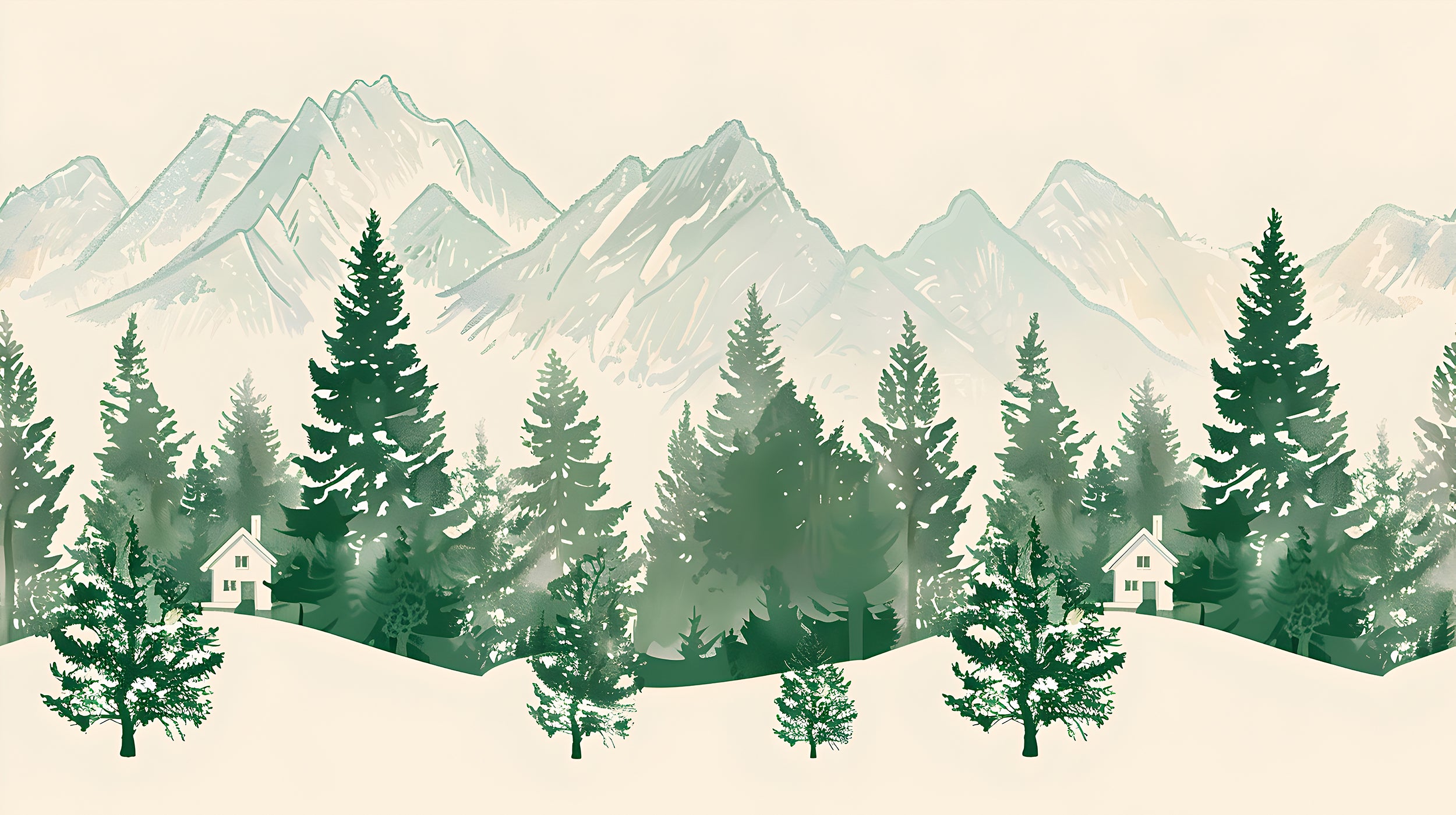 Monochrome Mountains and Forest Mural, Green and White Landscape Wallpaper, Self-adhesive Seamless Mountain Pattern, Removable Nature Decal