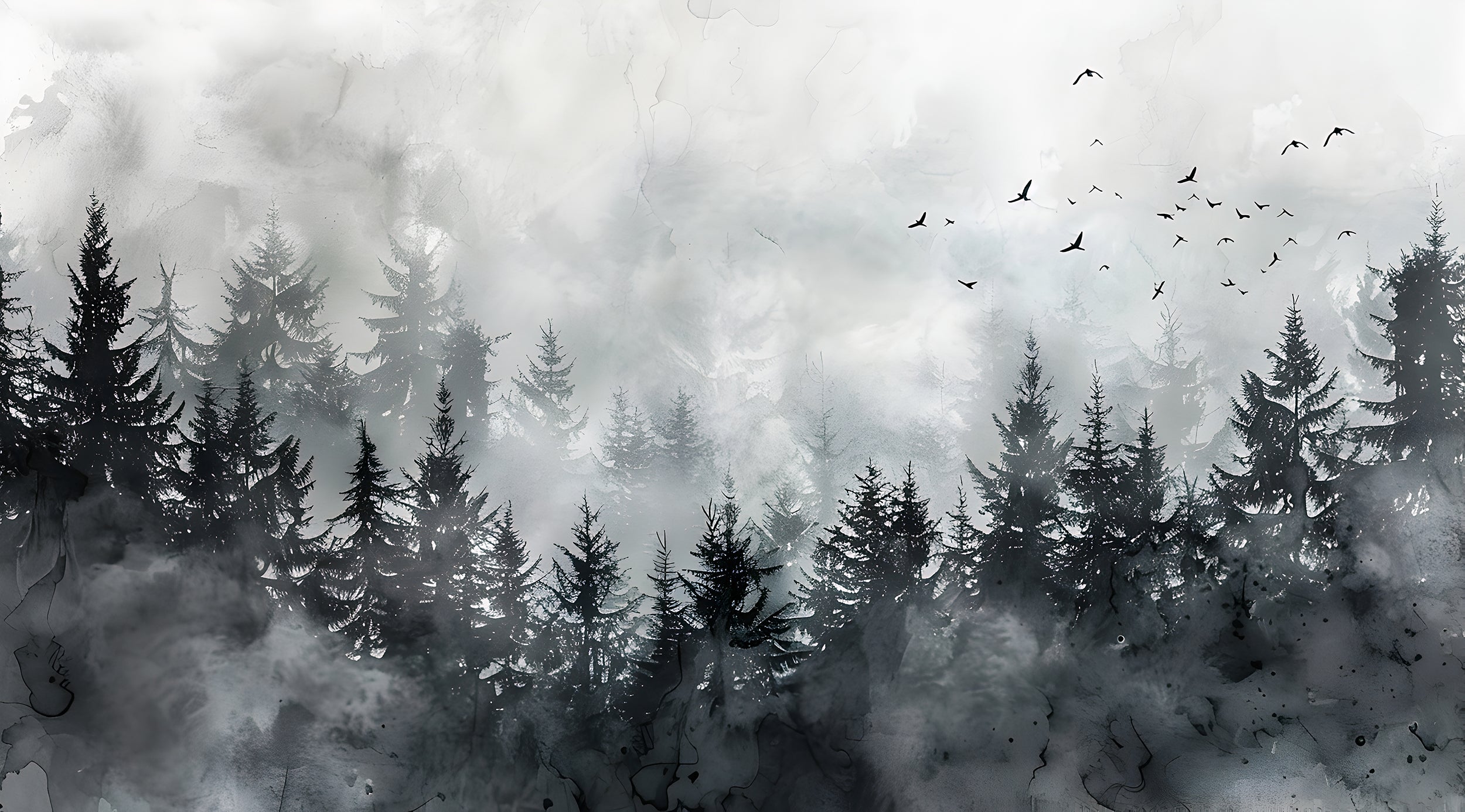 Black Foggy Forest Mural, Dark Watercolor Pine Tree Forest Wallpaper, Peel and Stick Clouds, Removable Birds and Trees Black & White