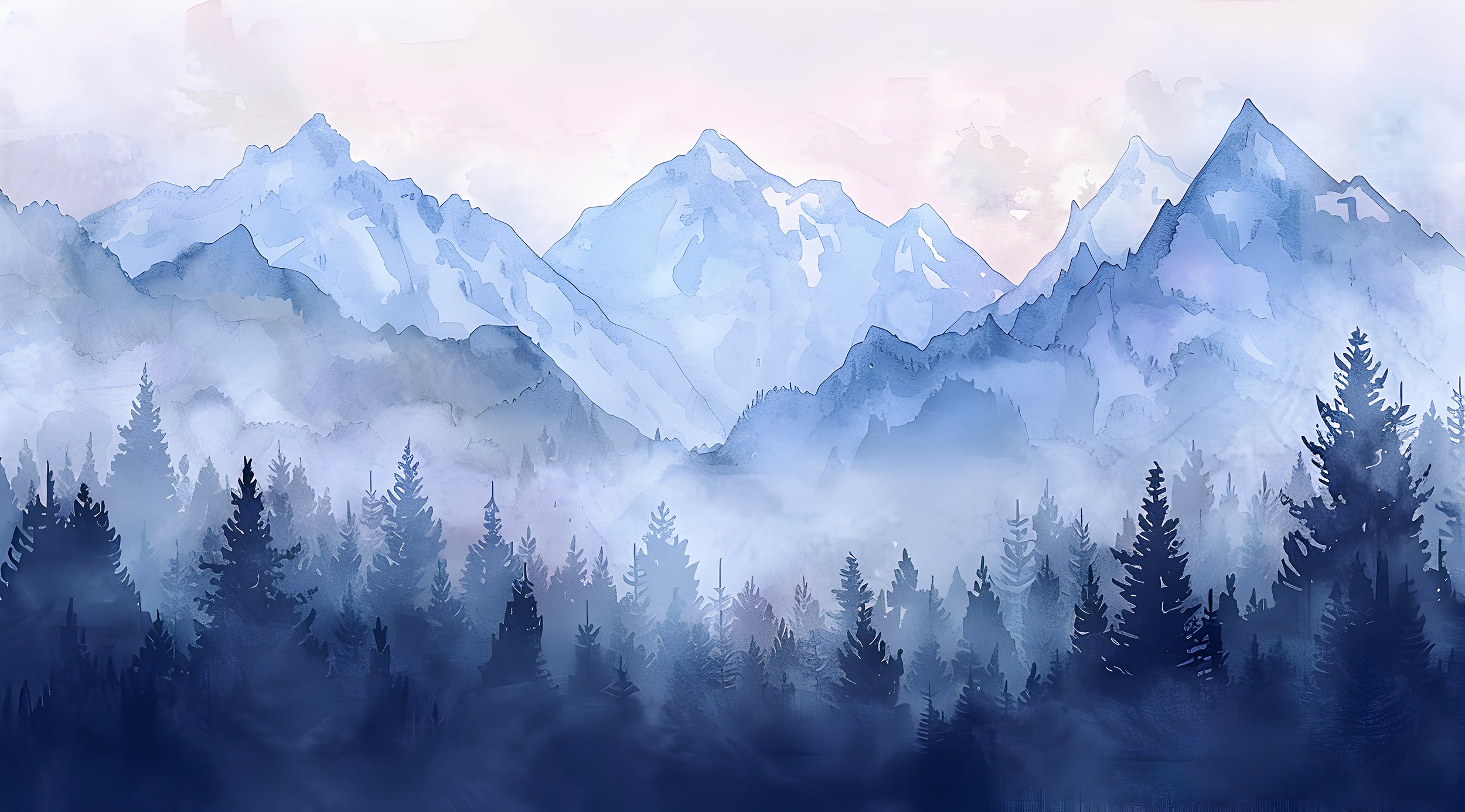 Watercolor Pastel Blue Mountains Mural, Forest and Mountain Landscape Wallpaper, Self-adhesive Removable Blue Nature Nursery Decal