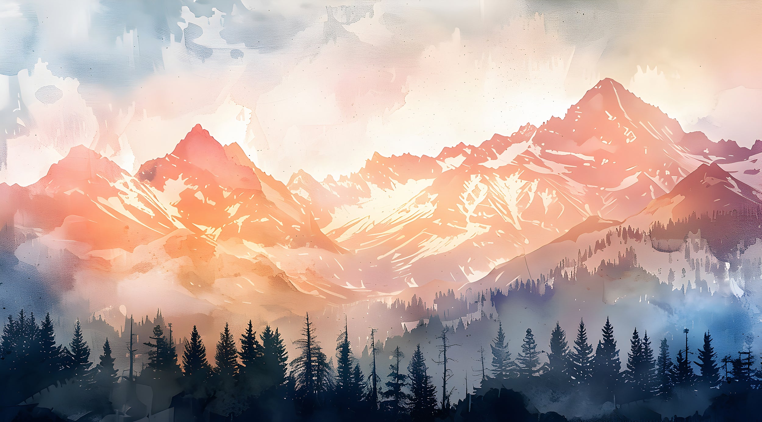 Watercolor Mountain Sunset Wallpaper, Colorful Mountains and Forest Mural, Peel and Stick Orange Landscape Nursery Decal, PVC-free