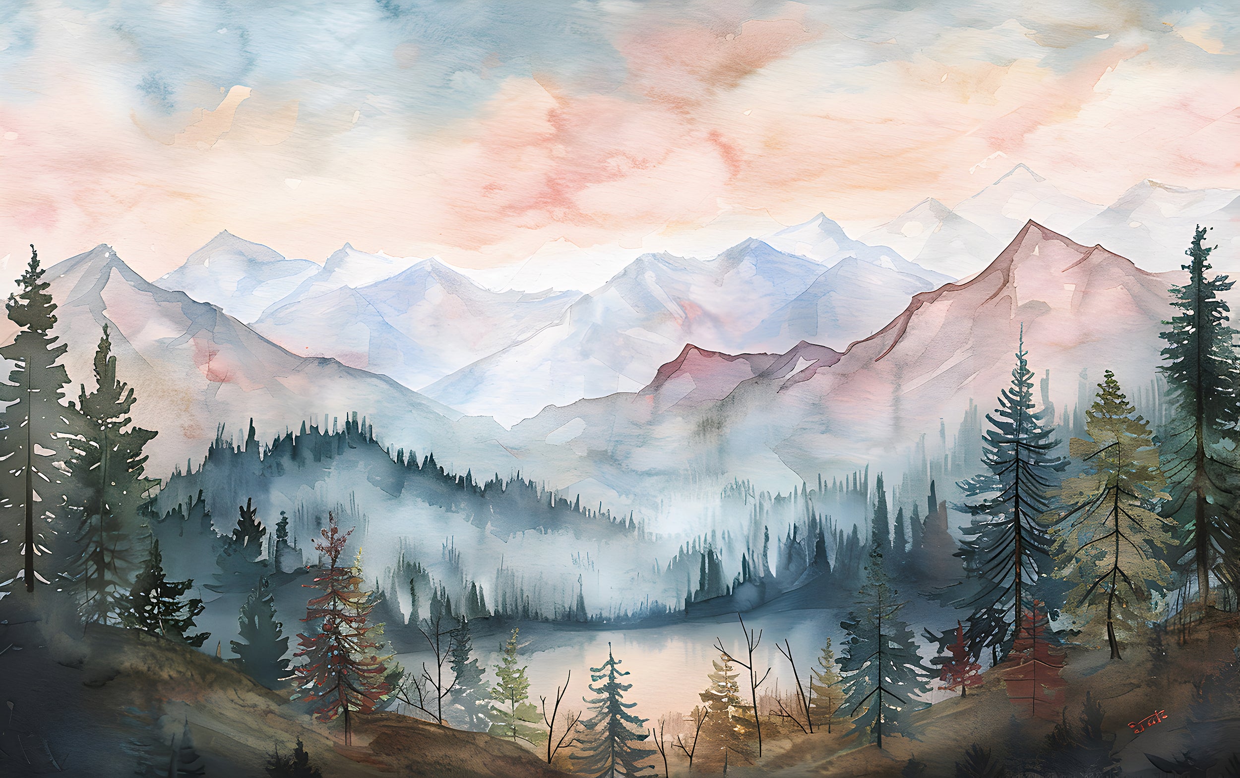 Watercolor Wild Nature Landscape Mural, Mountains and Forest Wallpaper, Peel and Stick Mountain Valley Decal, Colorful Nursery Landscape Wall Art