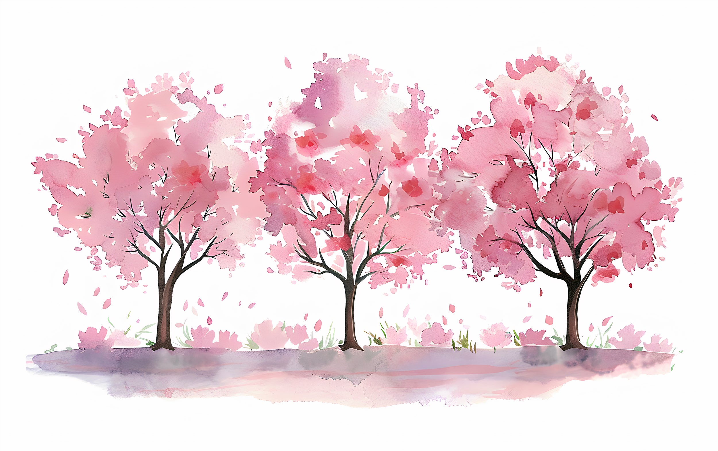 Nursery Pink Trees Mural, Watercolor Three Trees Wallpaper, Peel and Stick Custom Size Removable Kids Wall Decal, PVC-free