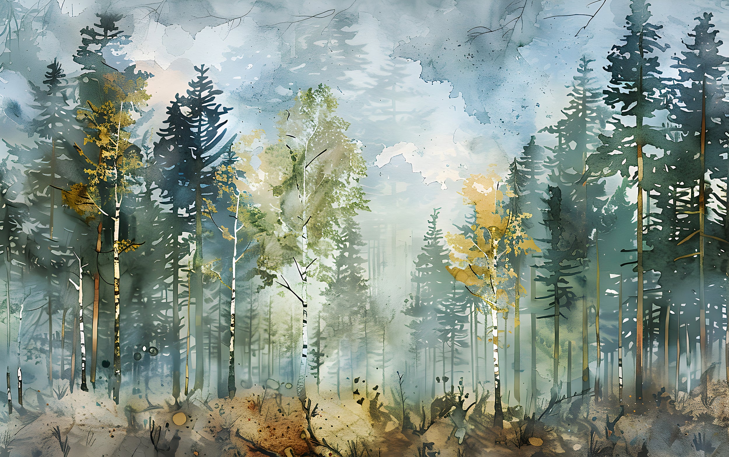 Birch Forest Wallpaper, Watercolor Woodland Mural, Pastel Colors Trees Wall Art, Peel and Stick Birches Decal, Removable Wild Nature Wallpaper
