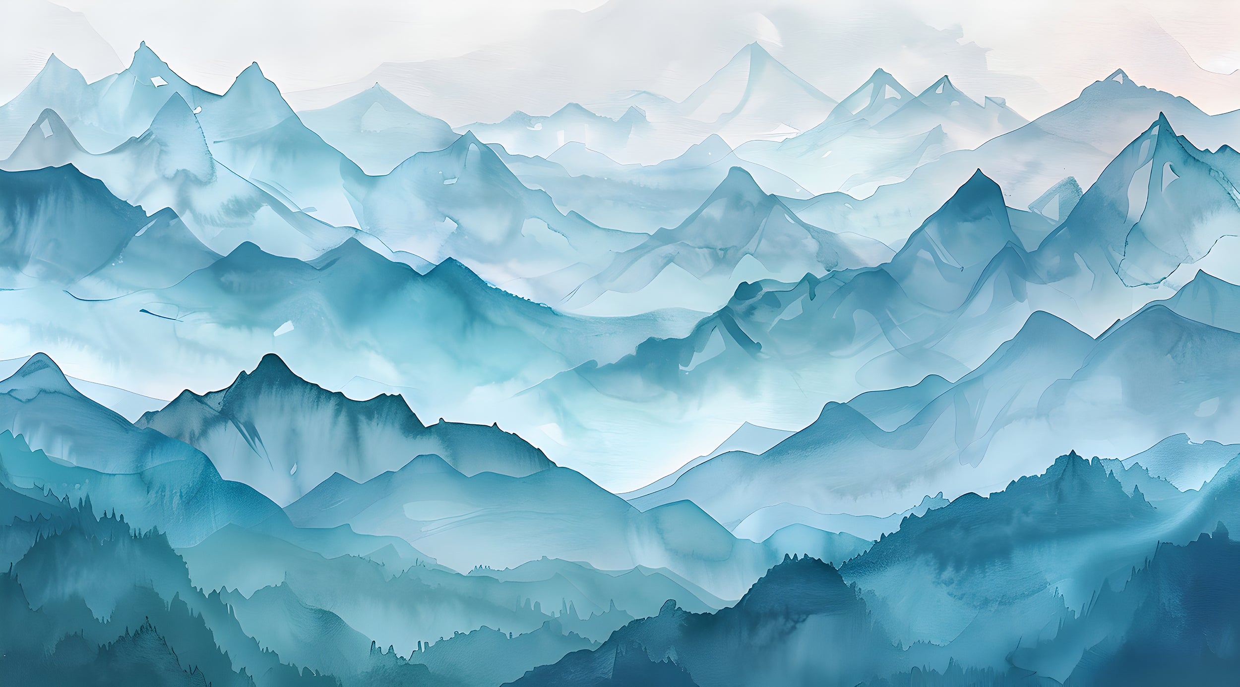 Abstract Blue Mountains Mural, Peel and Stick Foggy Mountain Wallpaper, Watercolor Misty Landscape Art, Nursery Blue Nature Decal