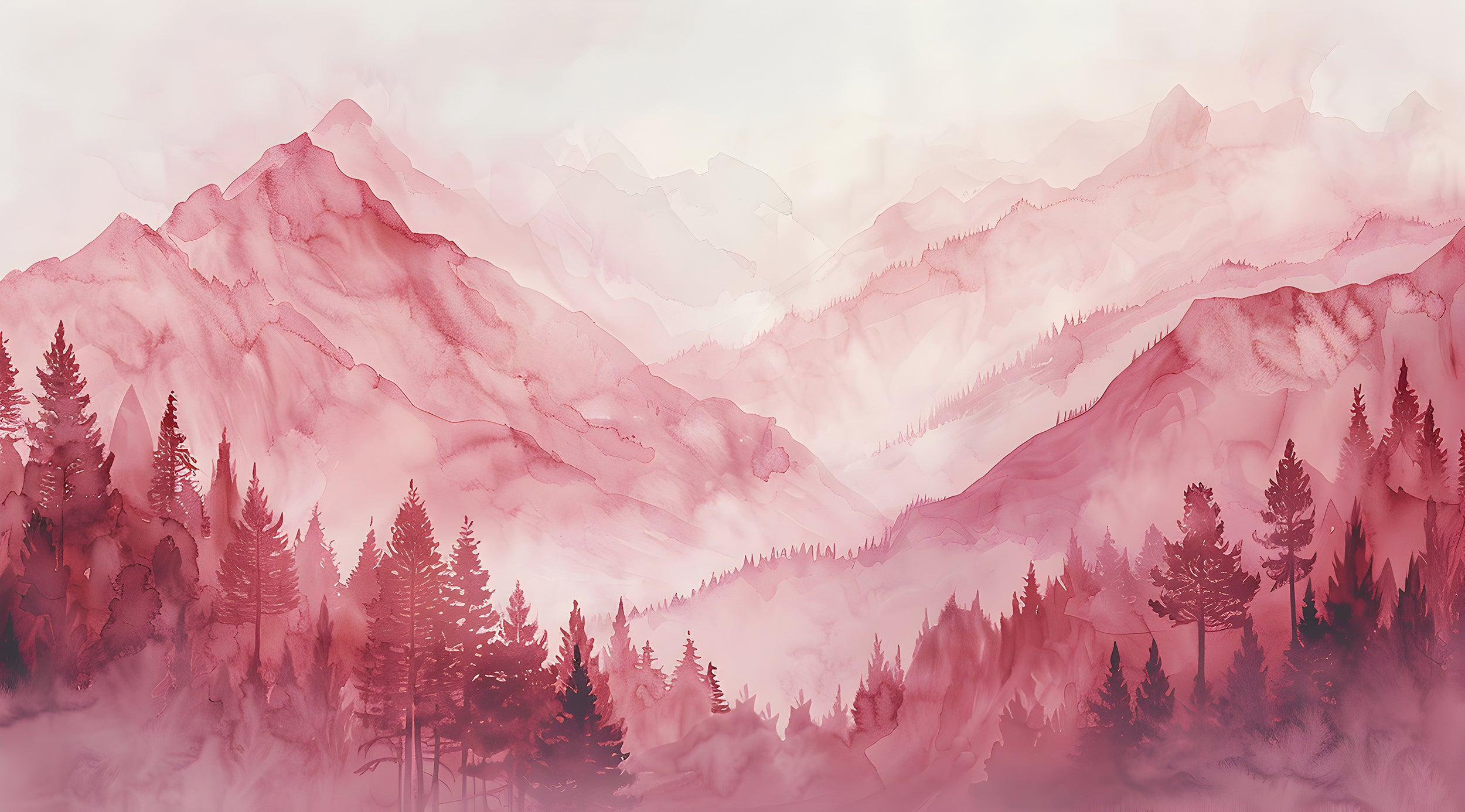 Pink Nursery Landscape Wallpaper, Watercolor Mountain View Mural, Peel and Abstract Stick Forests and Mountains Wall Mural, Soft Pink Nature Art