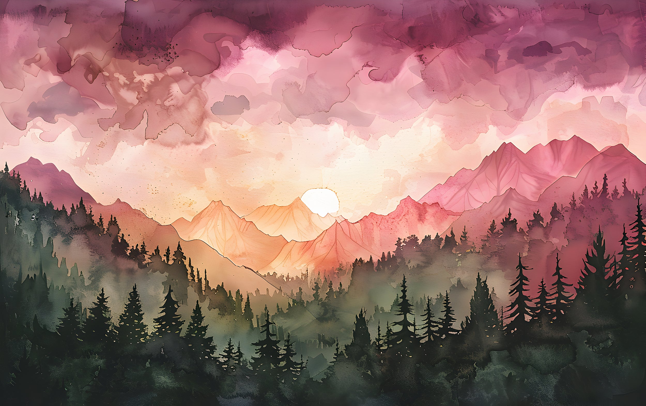 Pink and Orange Mountain Sunset Mural, Watercolor Mountains and Forest Landscape Wallpaper, Colorful Nursery Nature Wall Art