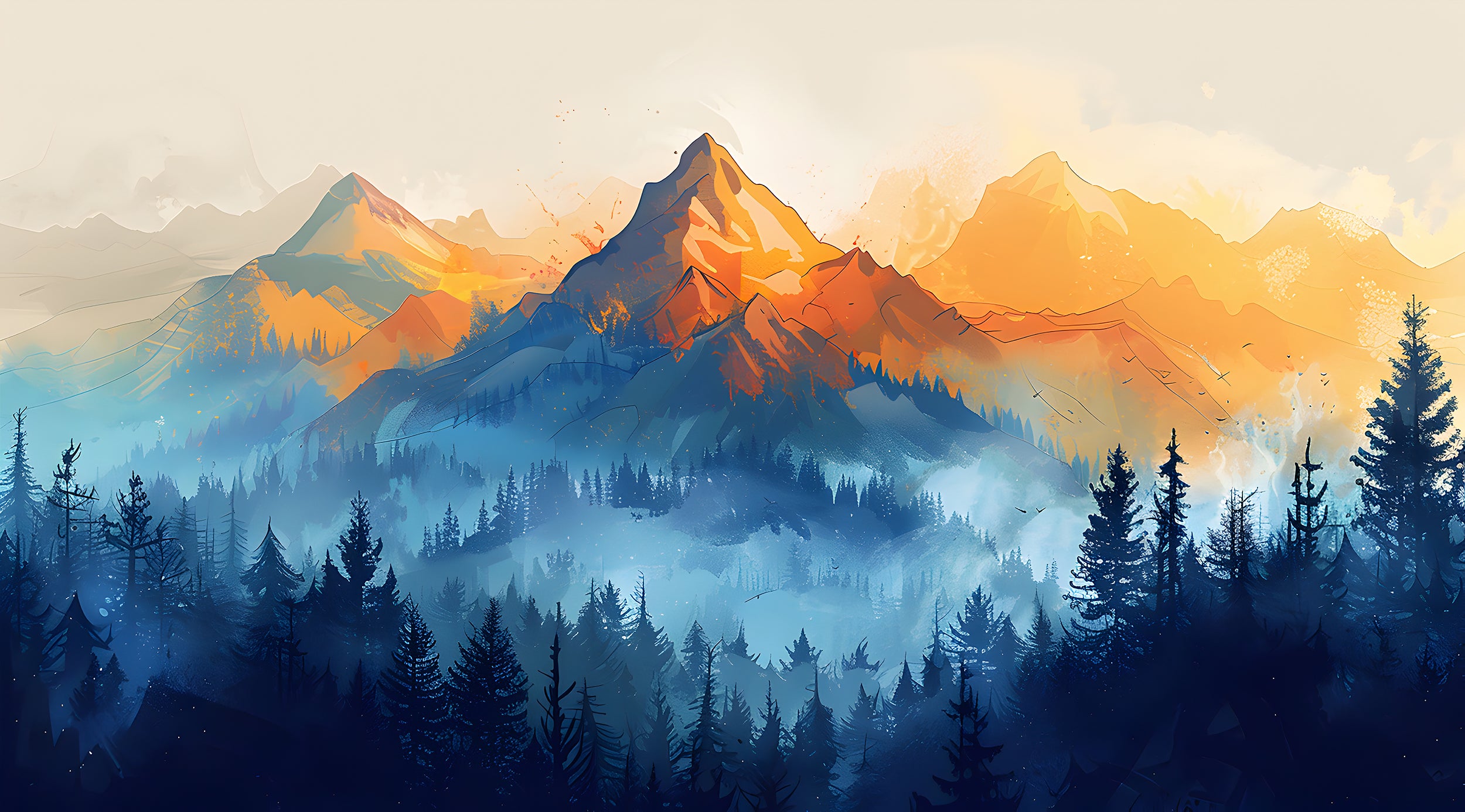 Orange and Blue Watercolor Mural, Peel and Stick Mountain View Wallpaper, Removable Mountains and Forest Landscape, Mountain Sunset Art
