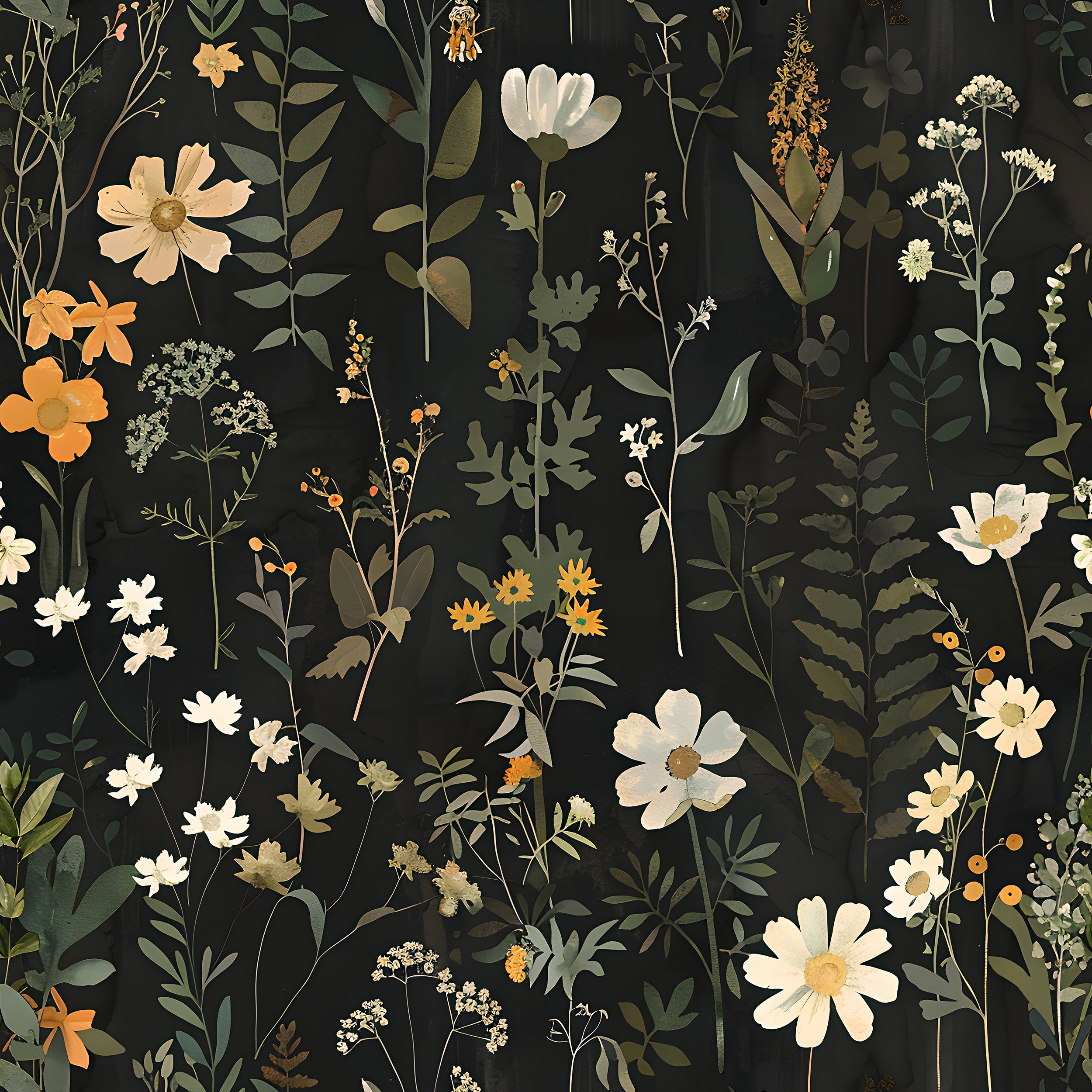 Meadow Flowers Dark Wallpaper, Fern Wall Decor, Peel and Stick Botanical, Dark Floral Decal, Removable Flower and Leaves on Black Background