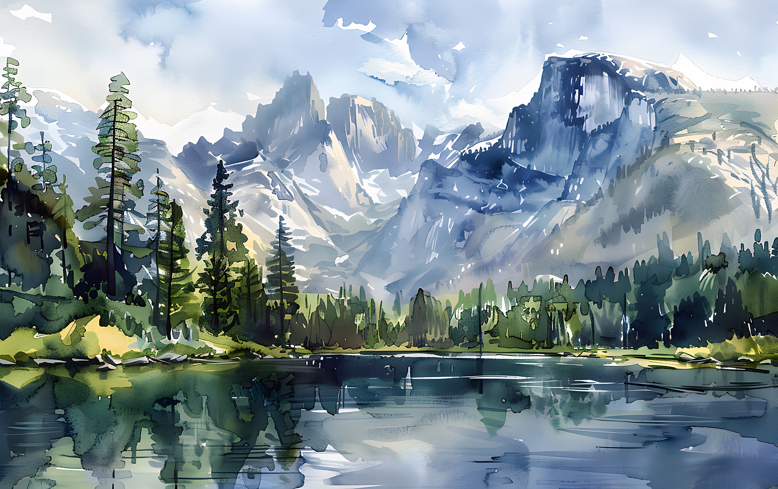 Watercolor Mountain Lake Mural, National park Landscape, Peel and Stick Mountains and Forest Wallpaper, Wild Nature Wall Art