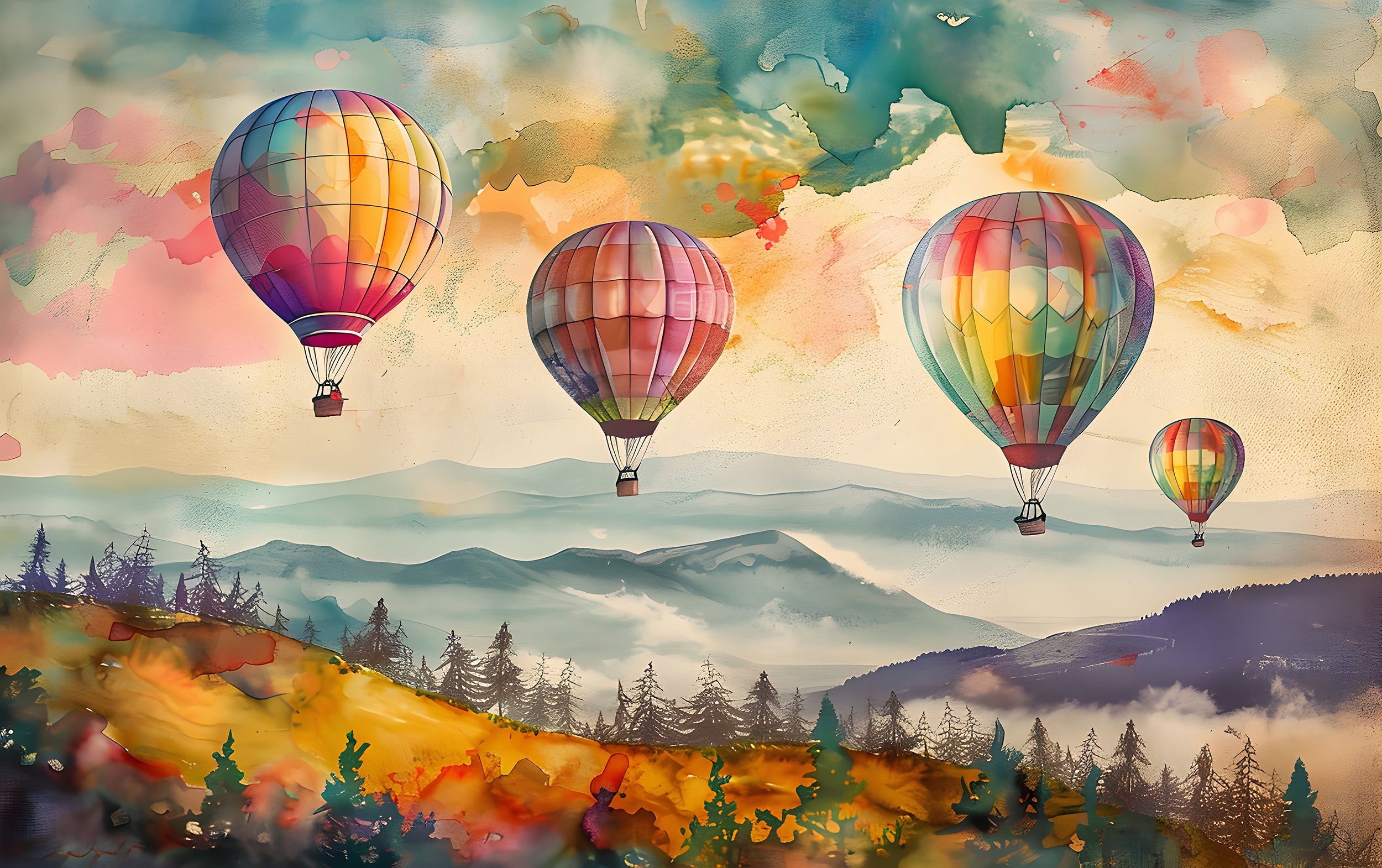 Colorful Hot Air Balloons Mural, Peel and Stick Watercolor Landscape, Nursery Multicolor Wall Decal, Mountains and Forest Kids Room PVC Free