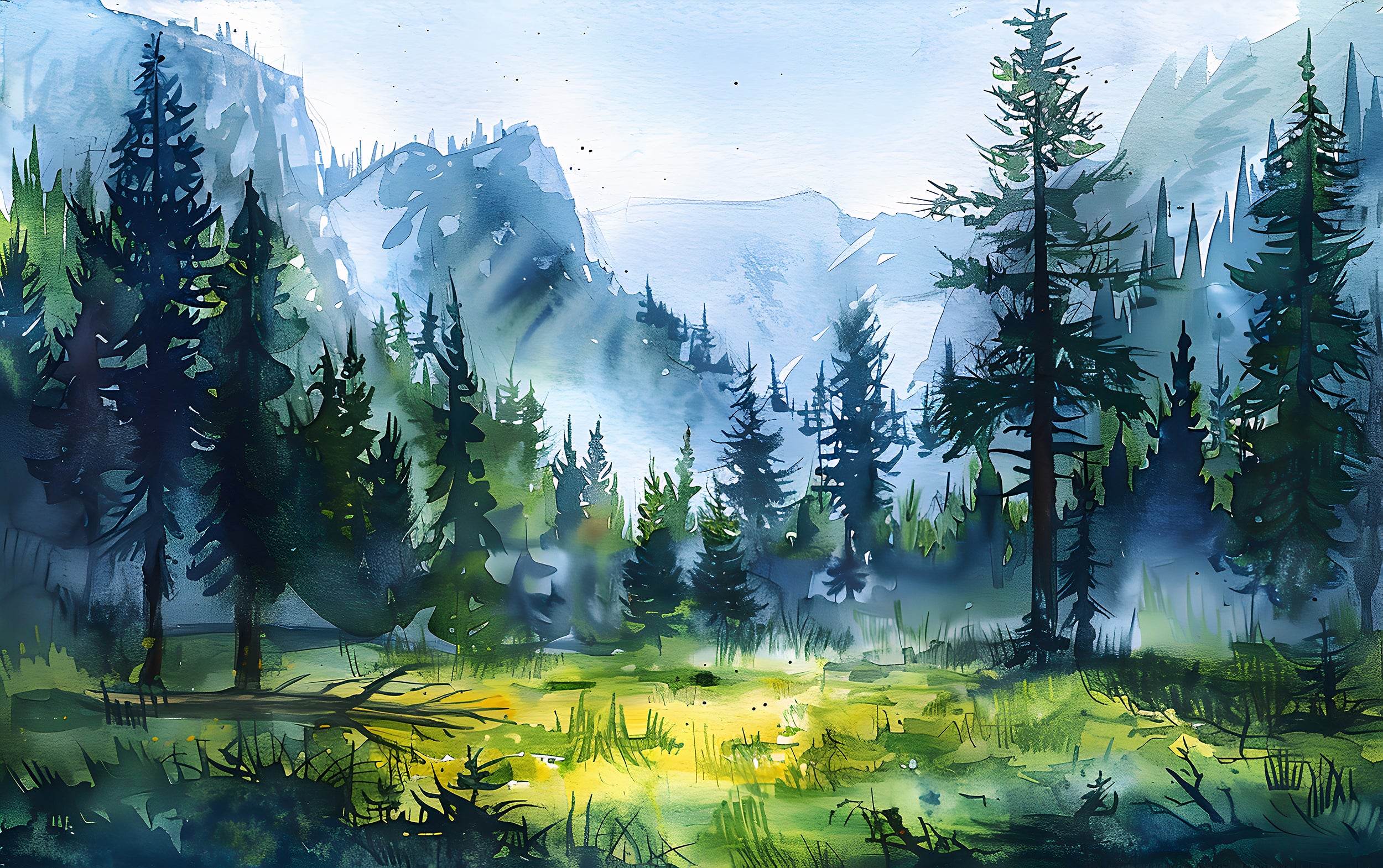 Watercolor Nature Wall Mural, Peel and Stick Mountain Landscape Art, Wild Forest Wallpaper, Removable Custom Size National Park Decal