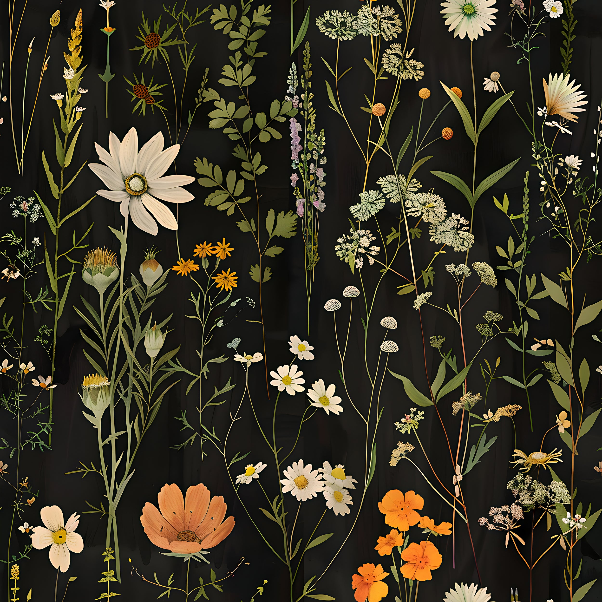 Meadow Flowers Wallpaper, Dark Botanical Decal, Peel and Stick Dark Floral, Vintage Flower Wallpaper, Removable Wild Flowers Black Background