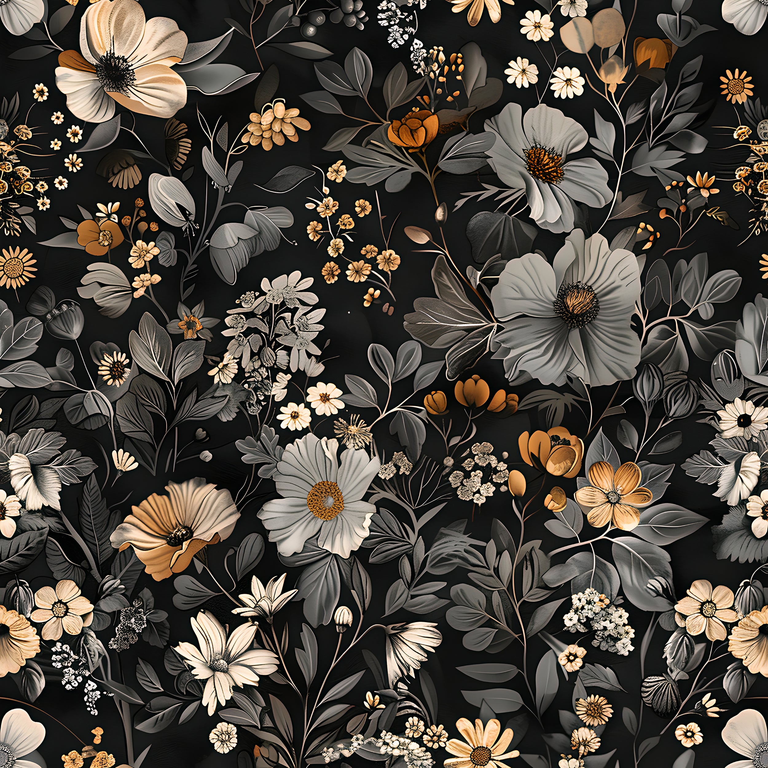 Grey and Beige Floral Wallpaper, Removable Dark Botanical Wall Decal, Peel and Stick Dark Flowers Vintage Wallpaper, Meadow Flower PVC free