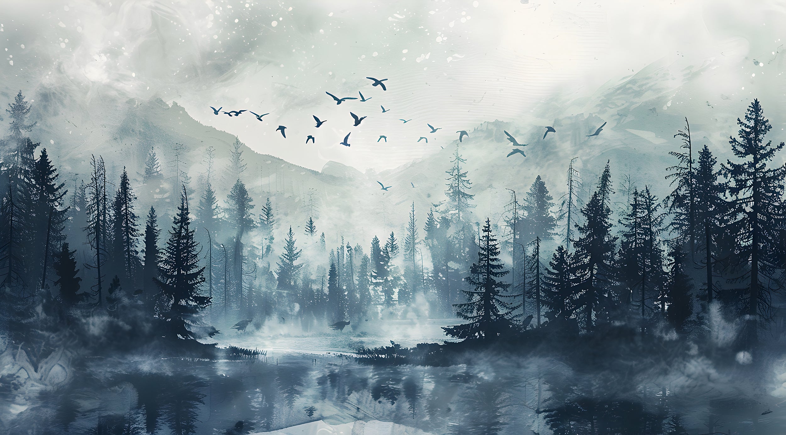 Dark Forest Wall Mural, Peel and Stick Black and Grey Pine Trees Mountain and Birds, Watercolor Foggy Nature Decor, Misty Forest Wallpaper