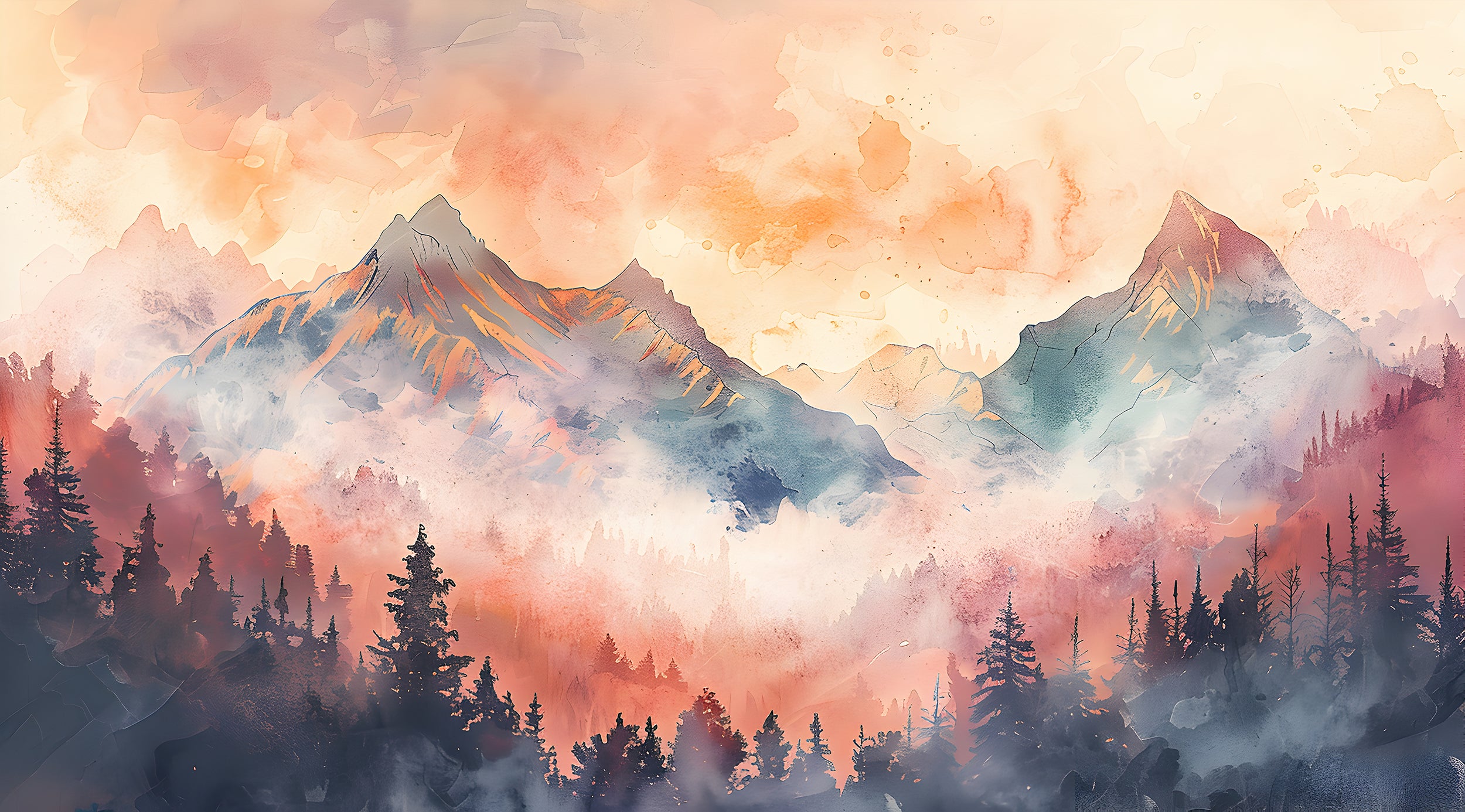 Foggy Colorful Mountains Mural, Watercolor Forest and Mountains Landscape in Pastel Colors, Peel and Stick Orange Misty Mountain Wallpaper
