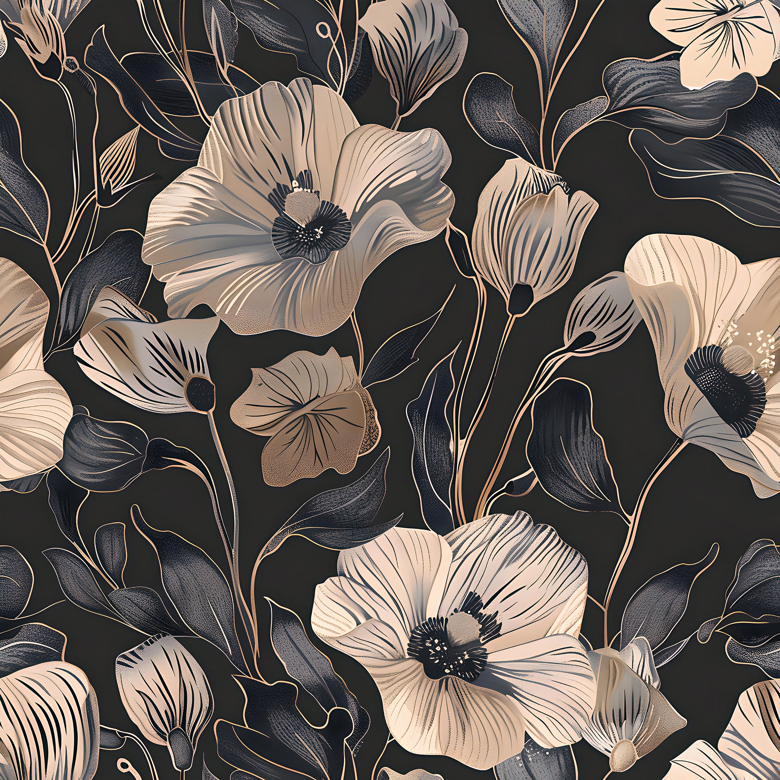 Dusty Rose and Dark Grey Floral Wallpaper, Peel and Stick Poppy Flowers Wall Decal, Removable Dark Botanical Decor, Pink & Black Flowers