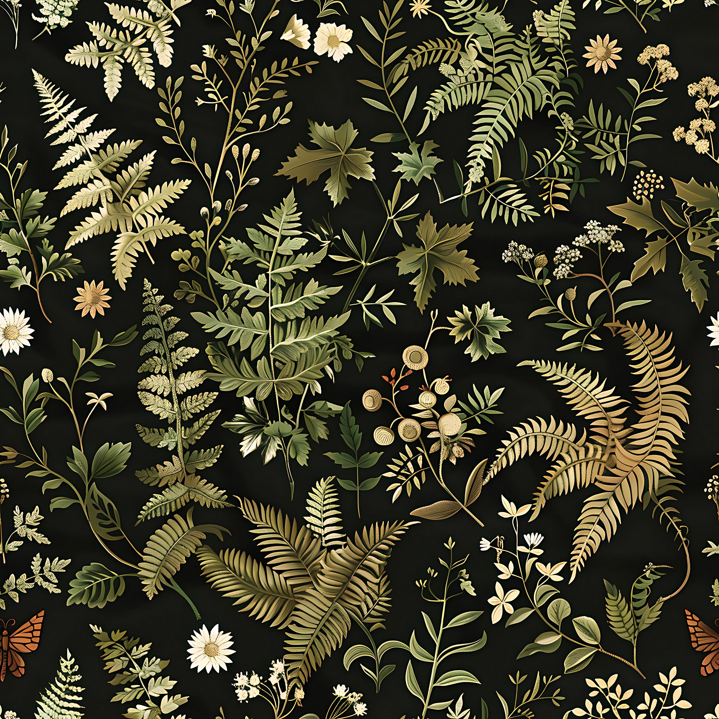 Dark Fern Botanical Pattern Wallpaper, Floral Leaves from Wild Forest Decal, Peel and Stick Removable Greenery Decor, PVC-free Black and Green