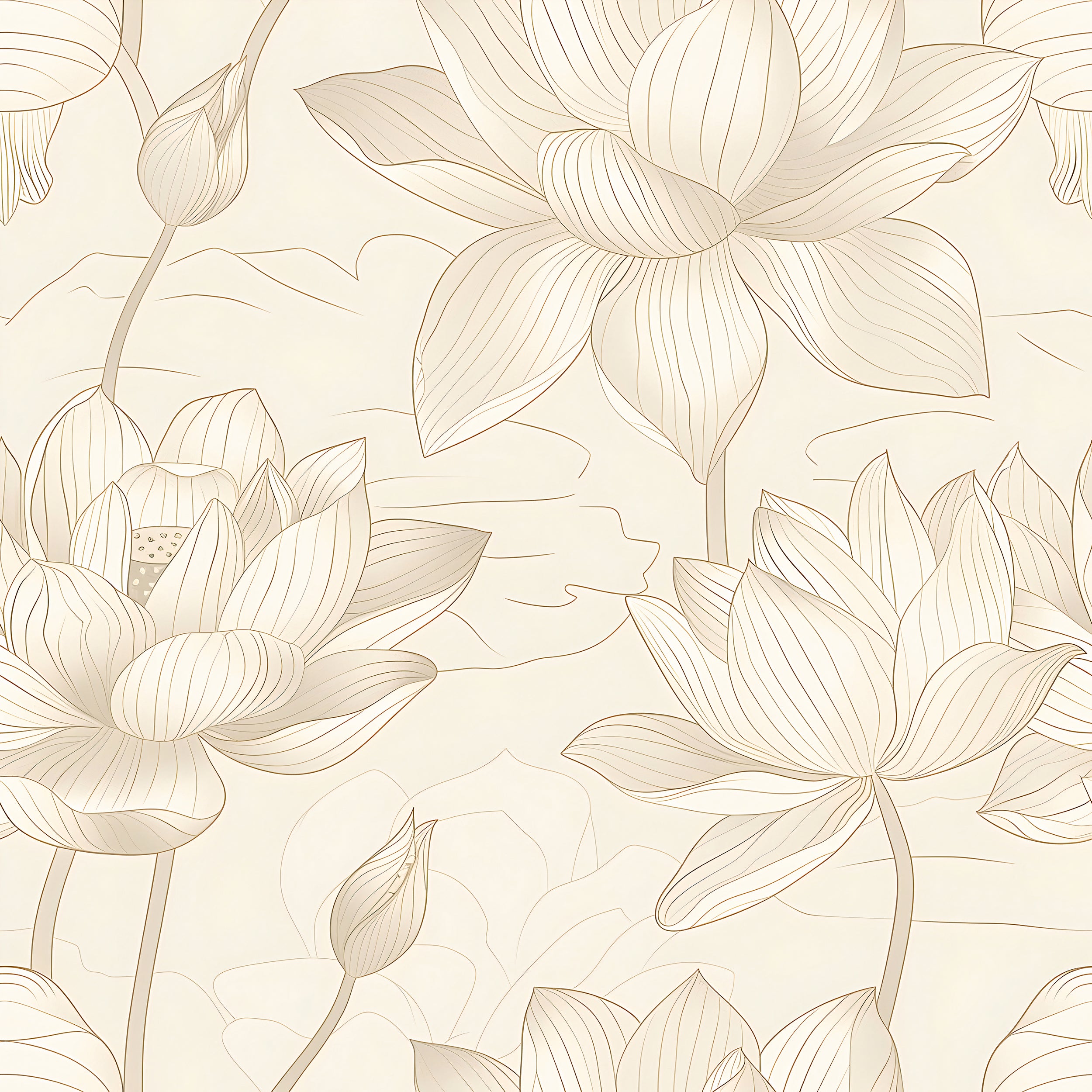 Beige Minimalistic Lotus Wallpaper, Peel and Stick Floral Wall Decal, Light Beige Lotus Pattern Wallpaper, Removable Botanical PVC-free Decor