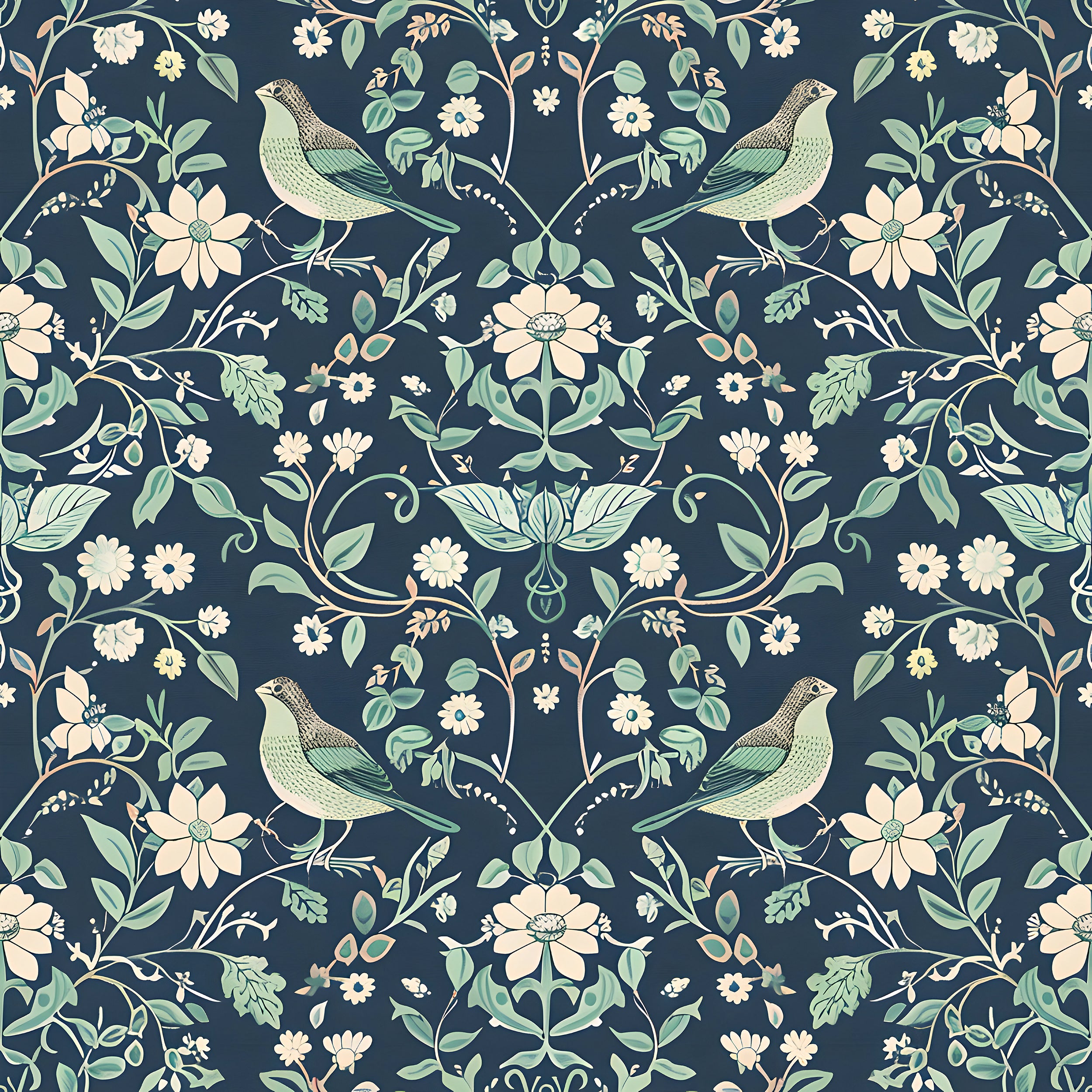 Mint and Navy Blue Chinoiserie Wallpaper, Peel and Stick Floral Wall Decal, Birds Flowers and Leaves Pattern Removable Wallpaper, Vintage Wall Art