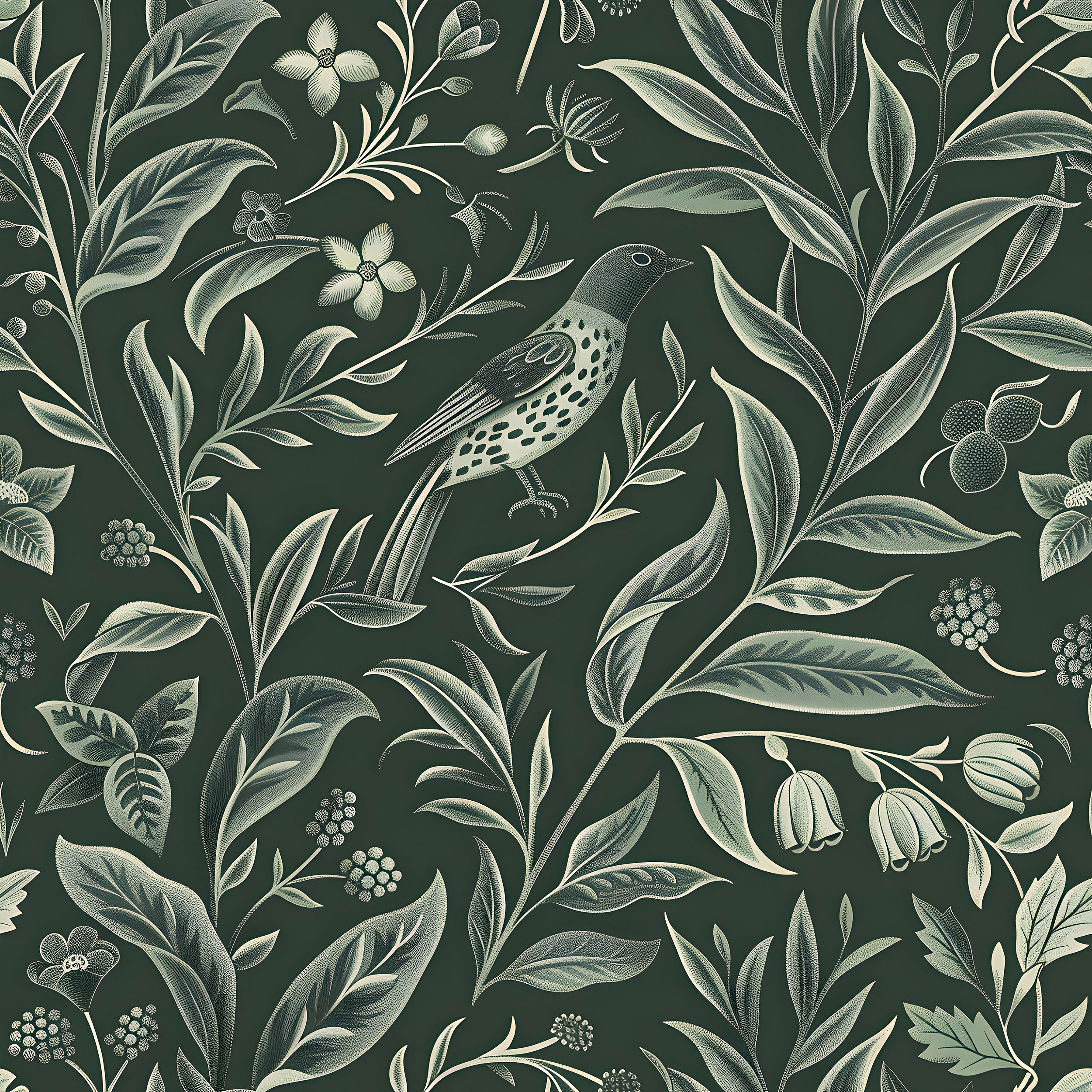 Vintage Green Floral Wallpaper, Dark Green Botanical Classic Wall Decal, Peel and Stick Chinoiserie Wallpaper, Removable Bird and Leaves Pattern