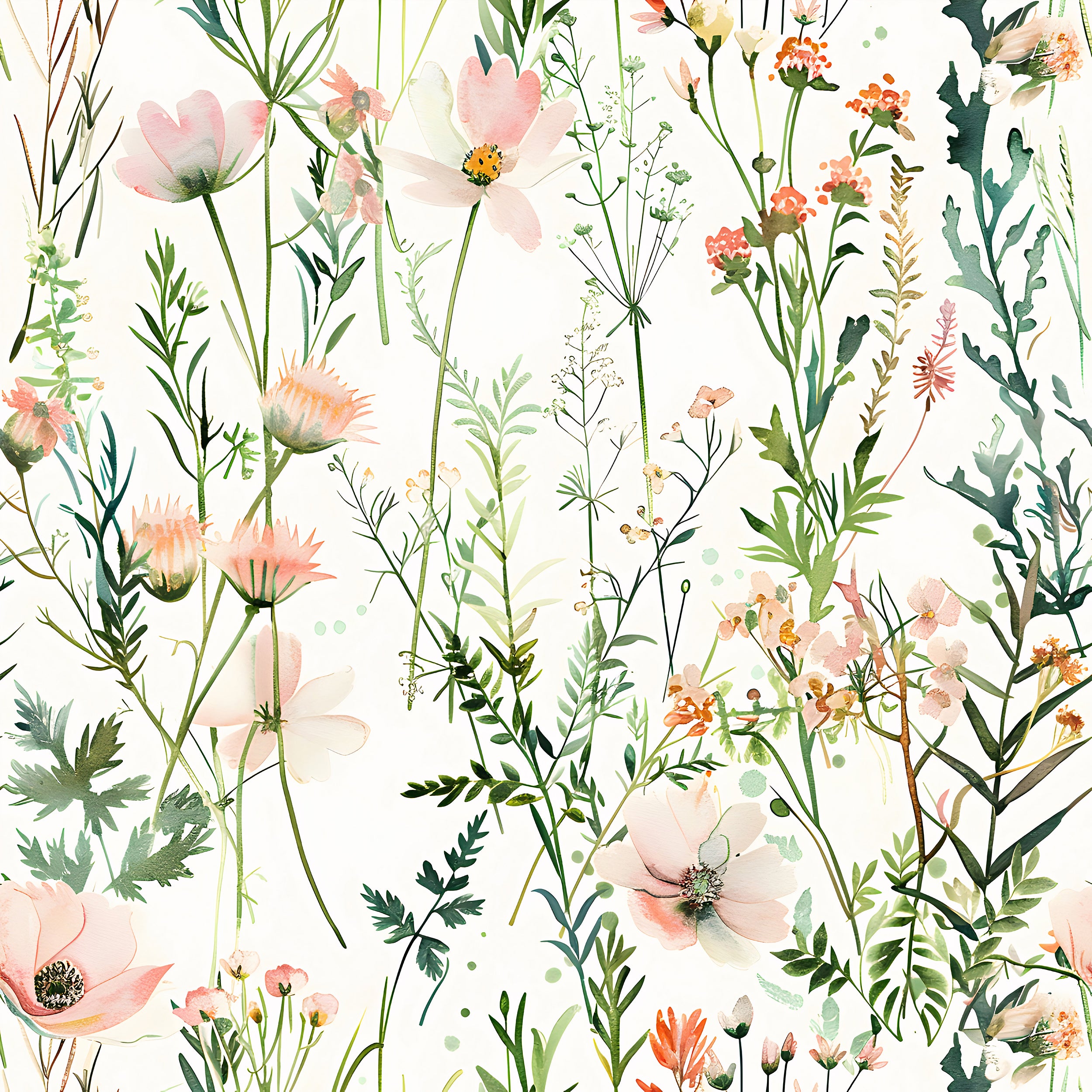 Wild Floral Wallpaper, Pastel Pink and Green Botanical Pattern, Watercolor Meadow Flowers Decal, Peel and Stick Minimalistic Light Floral Decor