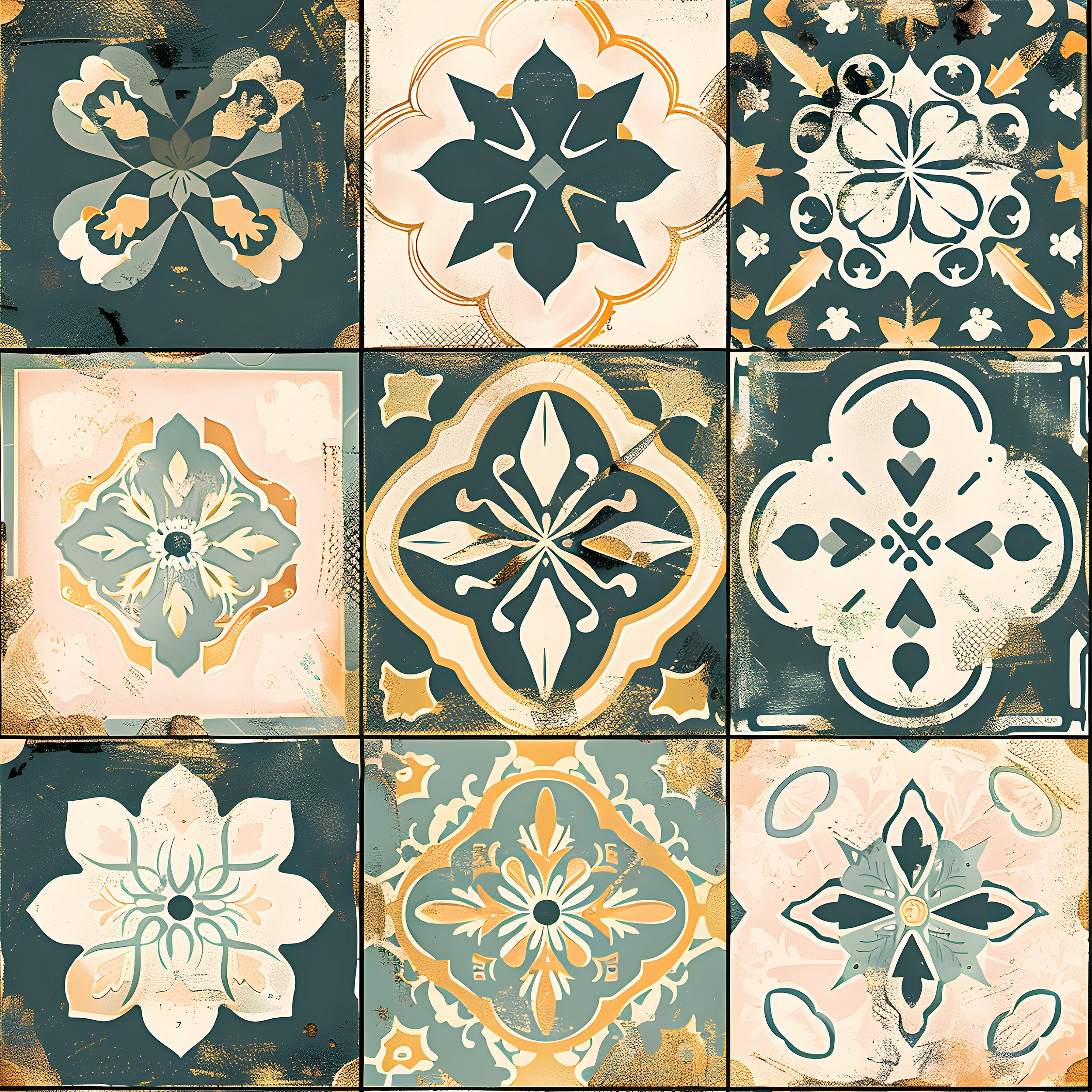 Patchwork Tiles Wallpaper, Peel and Stick Moroccan Wall Decal, Removable Floral Tile Style Wallpaper, Rustic Colors Vintage Wall Decor