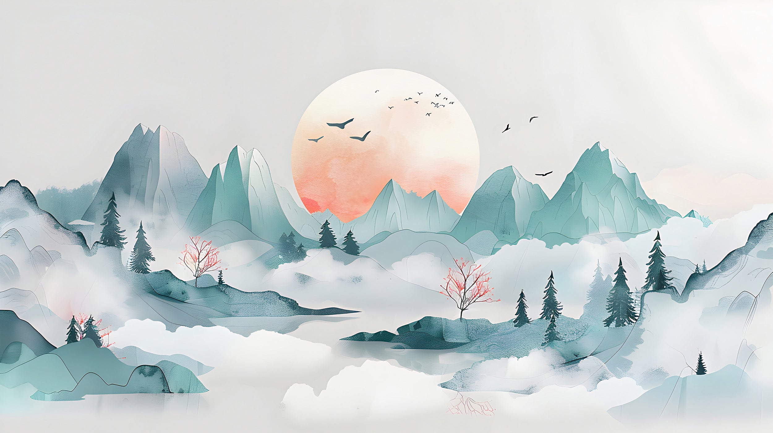 Japanese Abstract Landscape Mural, Peel and Stick Pastel Green Mountains Wallpaper, Foggy Mountain Sunset Watercolor Wall Mural