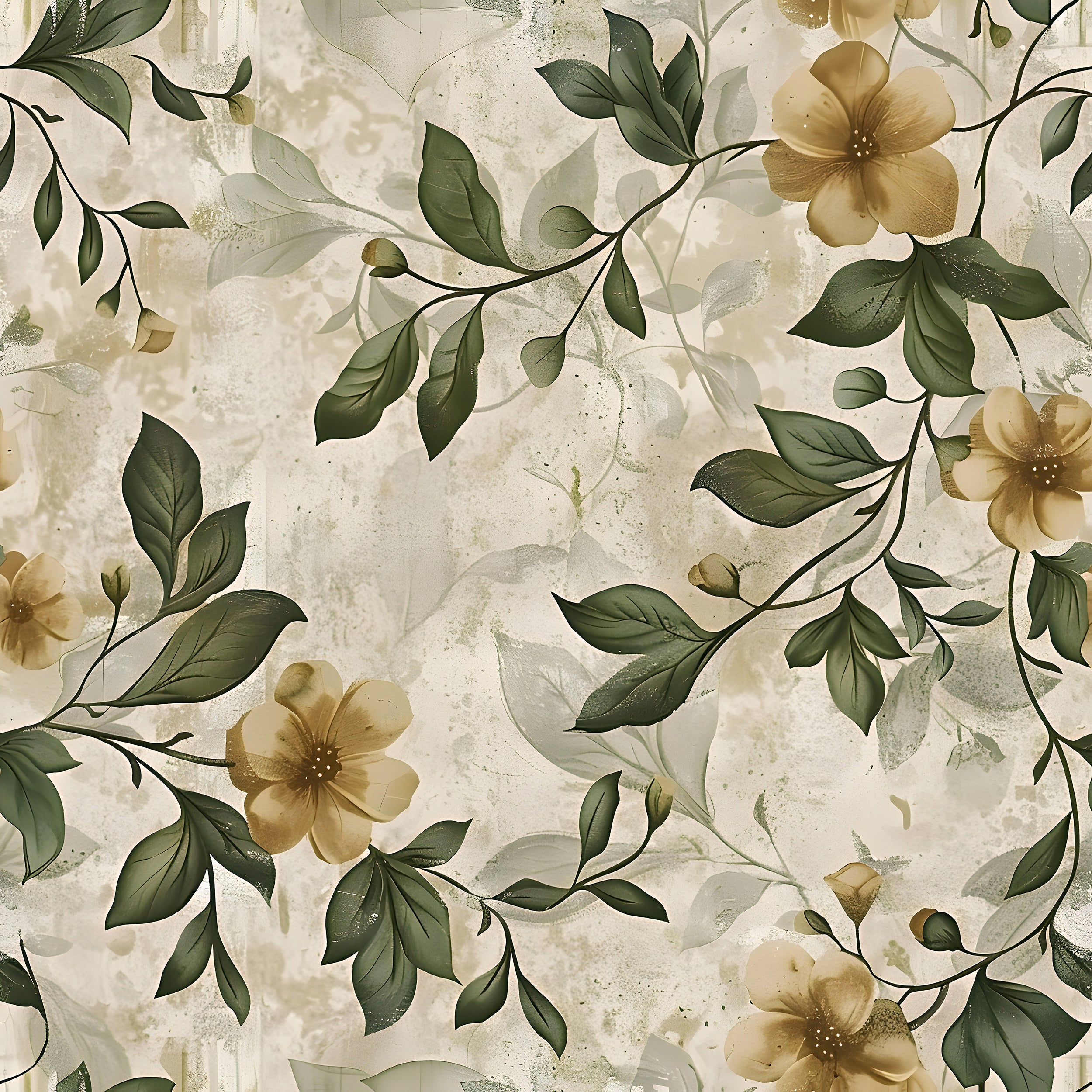 Rustic Beige and Green Floral Wallpaper, Vintage Peel and Stick Botanical Wall Decal, Removable Flowers and Leaves Old Style Wallpaper