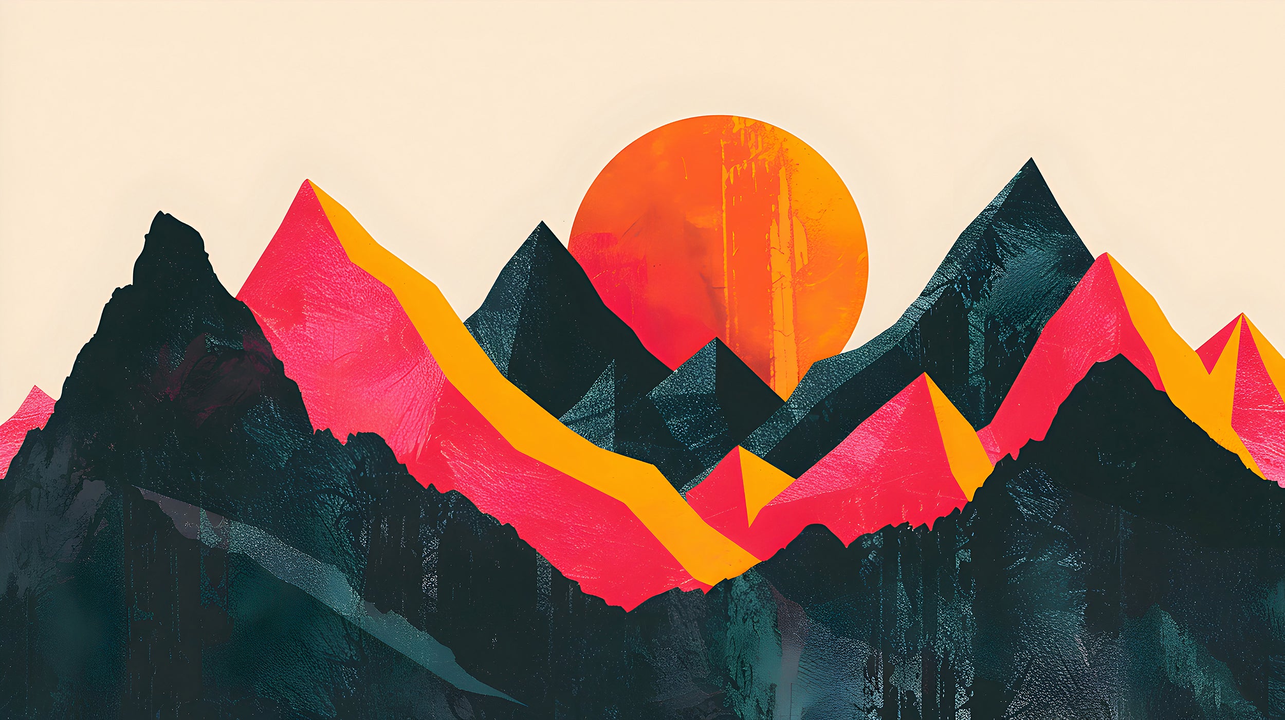 Abstract Landscape in Pop Art Style Mural, Peel and Stick Mountain Sunset Wallpaper, Modern Accent Wall Art, Green and Orange Decor