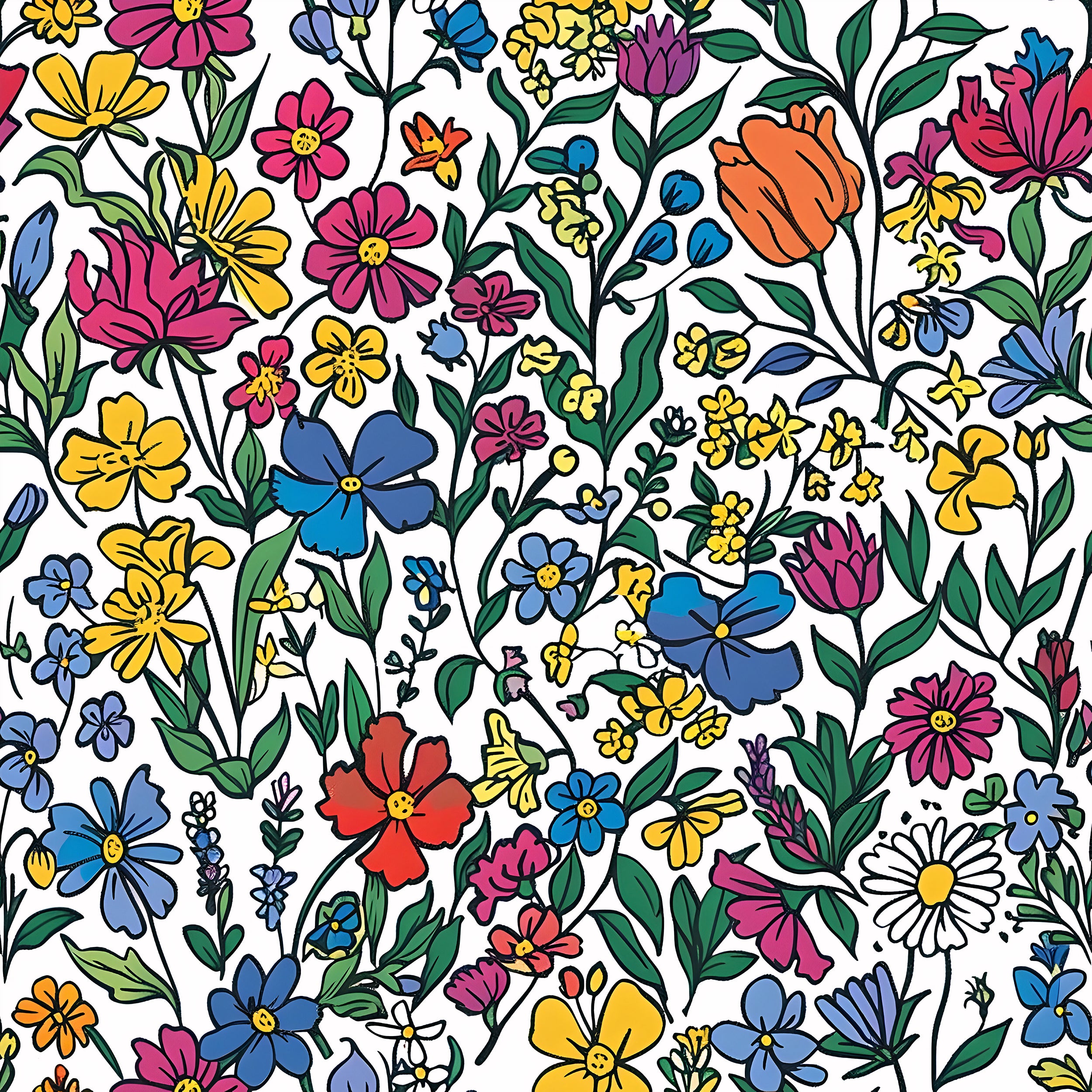 Colorful Floral Wallpaper, Watercolor Peel and Stick Meadow Flowers Wall Decal, Removable Cartoon Style Wild Flower Pattern Wallpaper