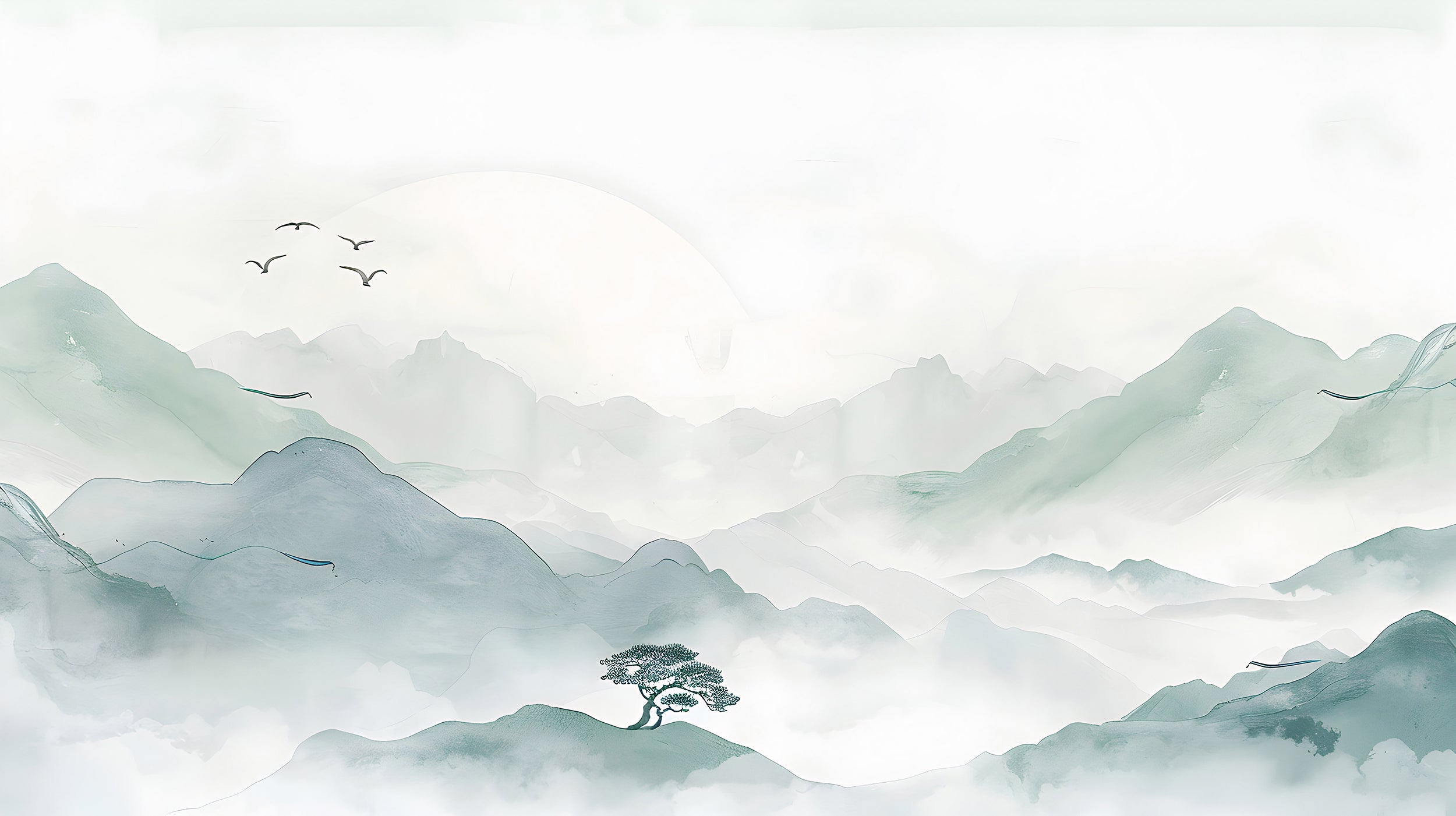 Pastel Mint Mountain Landscape Wall Mural, Self-adhesive Soft Green Japanese Nature Wallpaper, Removable Minimalistic Nursery Wall Decal