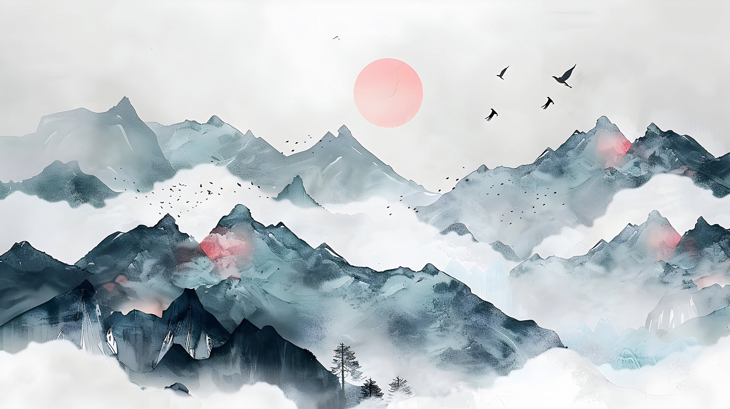 Abstract Mountains Sunset Mural, Watercolor Japanese Landscape Wallpaper, Peel and Stick Removable Green Foggy Mountain Wall Decal