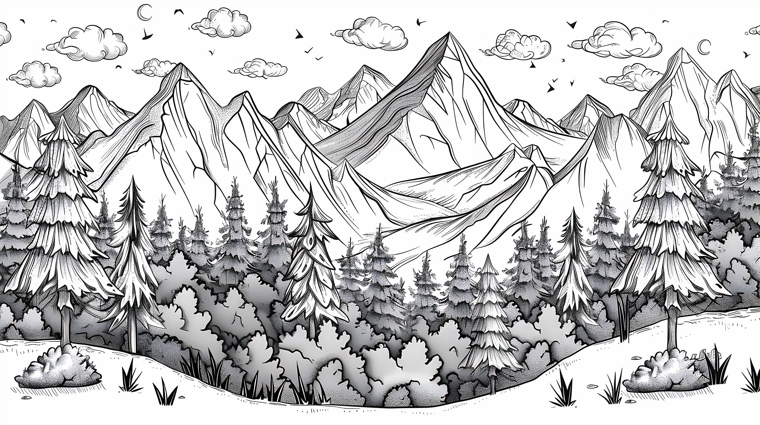 Mountains and Forest in Doodling Style Mural, Peel and Stick Nature Landscape Sketch Wallpaper, Black&White Cartoon Landscape Decor
