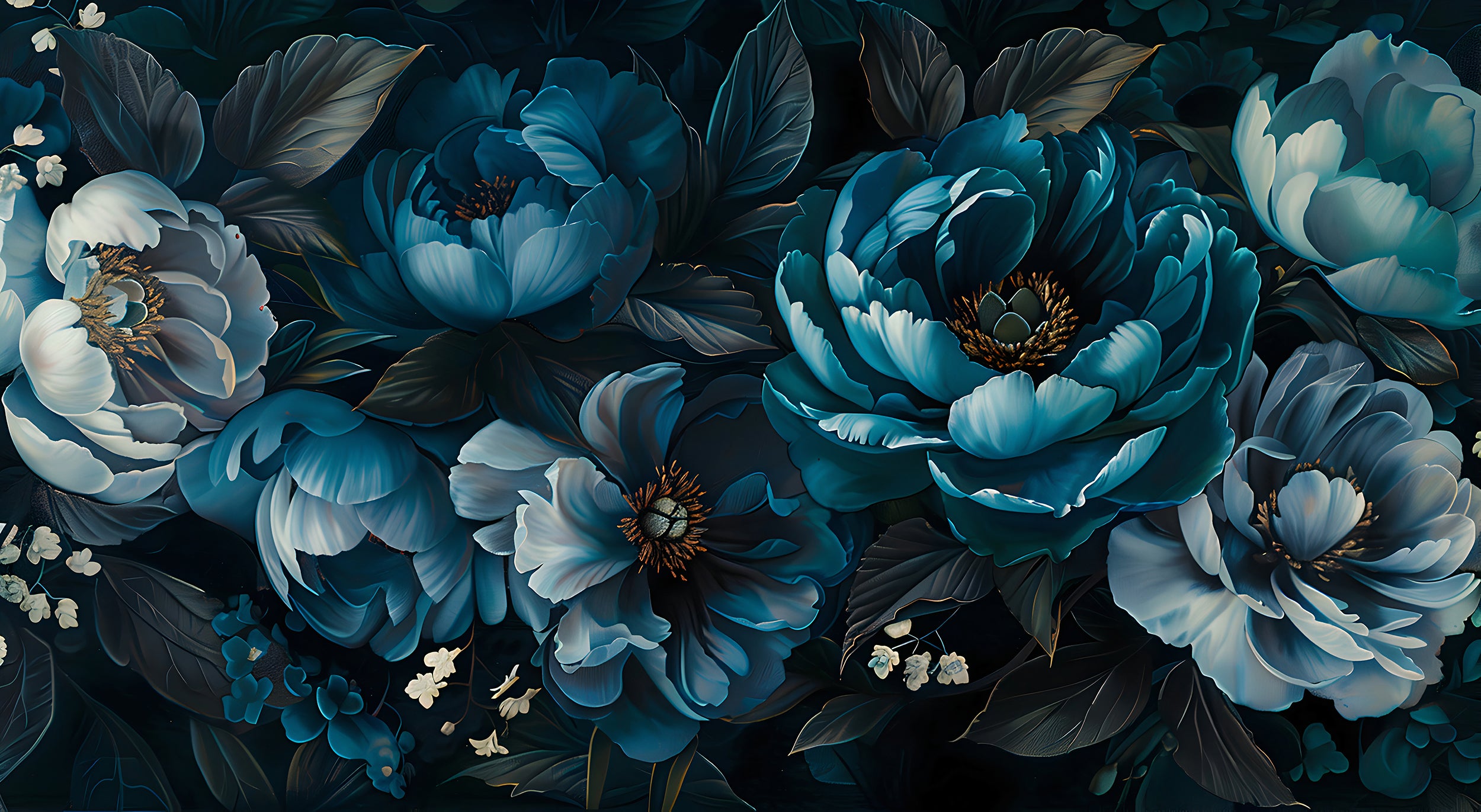 Dark Blue Peonies Mural, Peel and Stick Large Flowers Wallpaper, Removable Deep Blue Floral Wall Decal, Peony Accent Wall Art, PVC free Decor