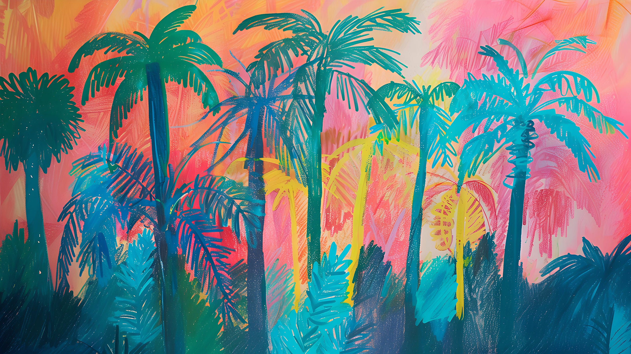 Colorful Palm Trees in Crayon Drawing Style Mural, Peel and Stick Tropical Wallpaper, PVC-free Abstract Palms Wall Mural, Nursery Decal