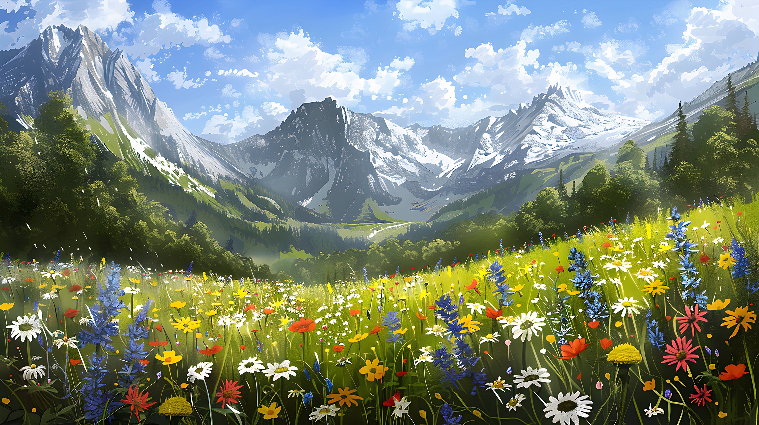 Colorful Flower Field Mural, Peel and Stick Mountain Wild Flower Field Wallpaper, Removable Nature Mural, Watercolor Floral Landscape Wall Decal