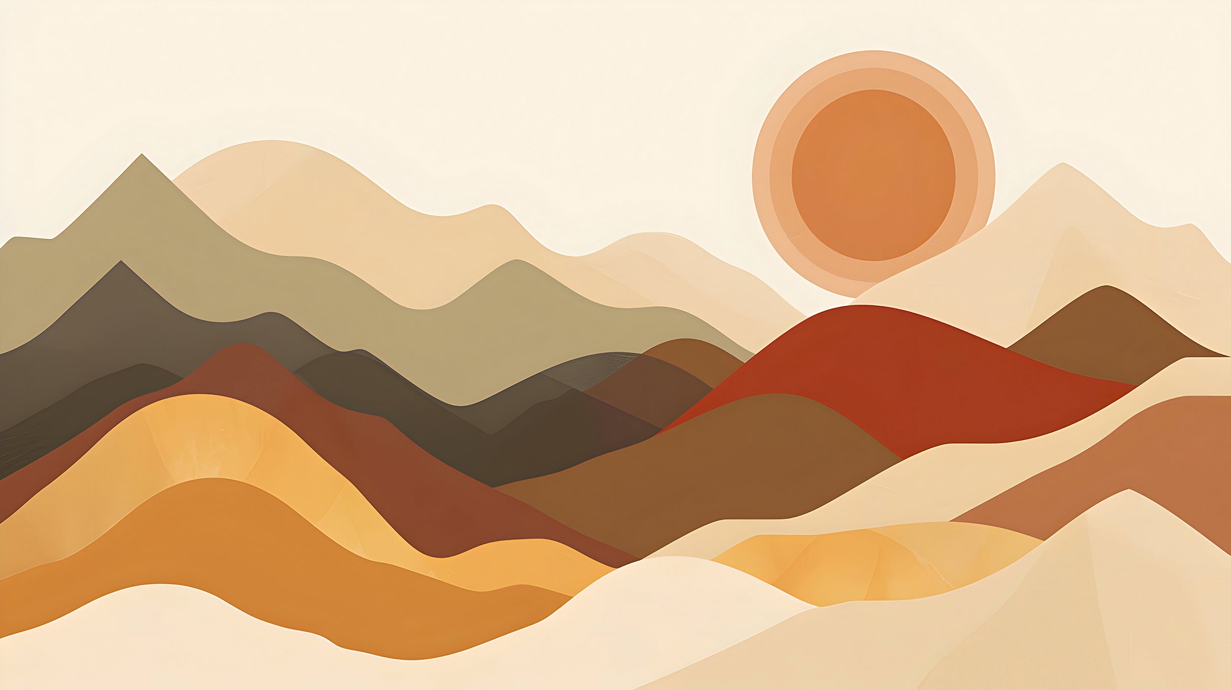Boho Style Mountains Sunset Mural, Beige and Brown Watercolor Mountain Landscape, Nursery Peel and Stick Abstract Sand Dunes