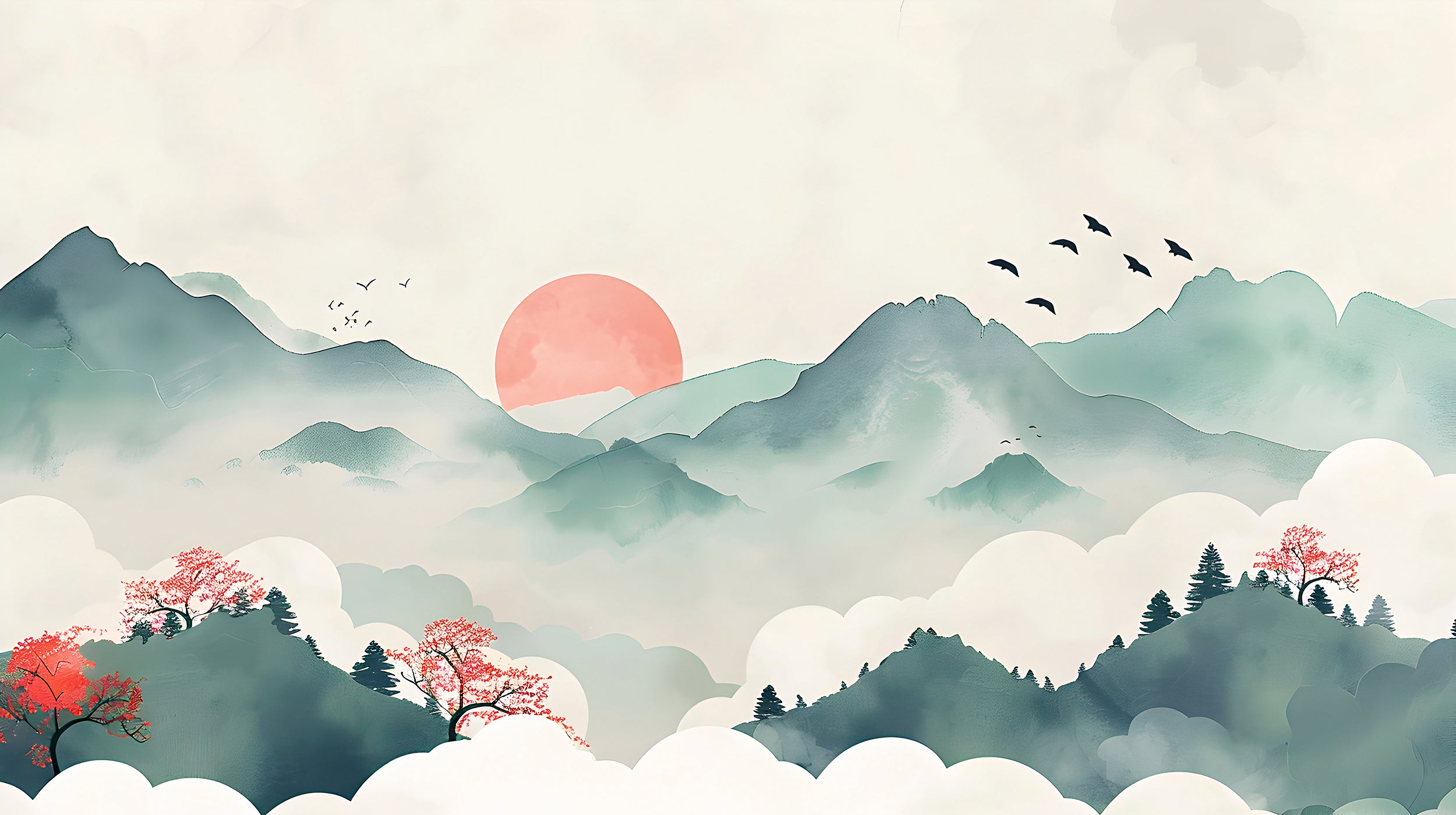 Red Sun Behind Green Mountains Mural, Watercolor Japanese Landscape Wallpaper, Peel and Stick Soft Colors Accent Wall Removable Wall Decal