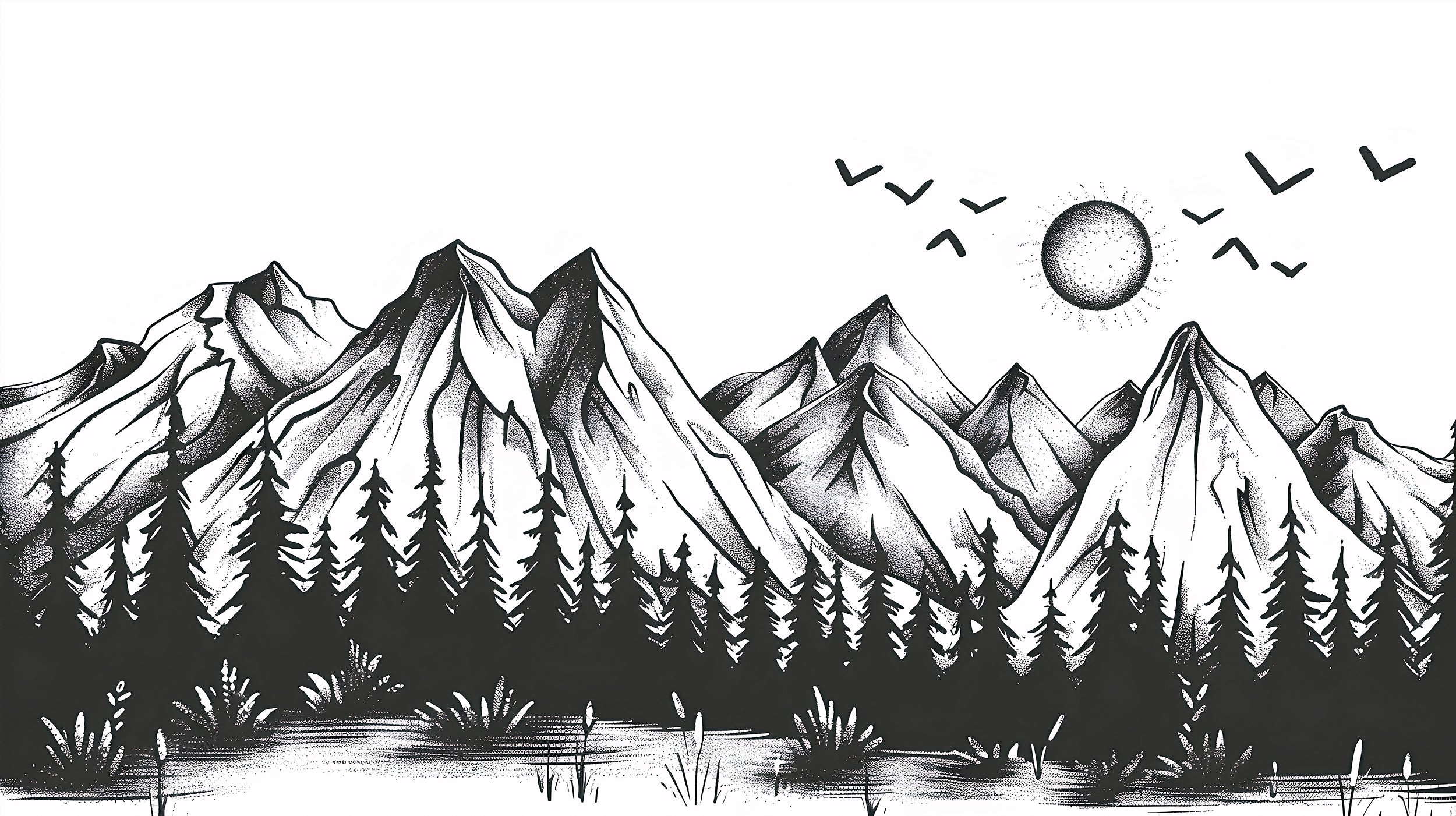 Mountains and Forest in Doodling Style Mural, Black and White Wild Nature Landscape Wallpaper, Peel and Stick Birds Sun Mountains Art