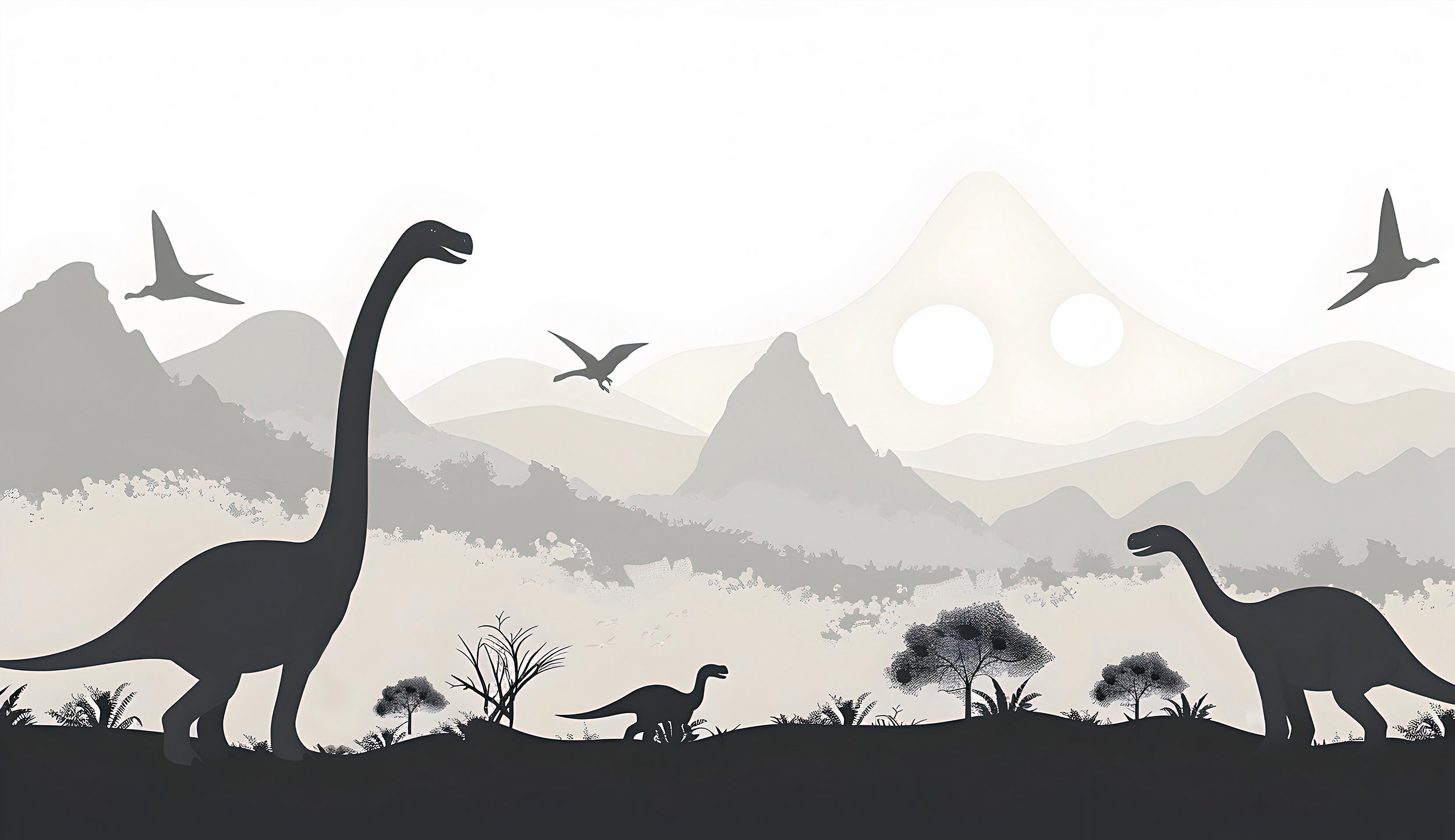 Dinosaurs Nursery Wall Mural, Ancient World Life Wallpaper, Peel and Stick Mountains Grey Playroom Mural, Custom Size Removable Decal