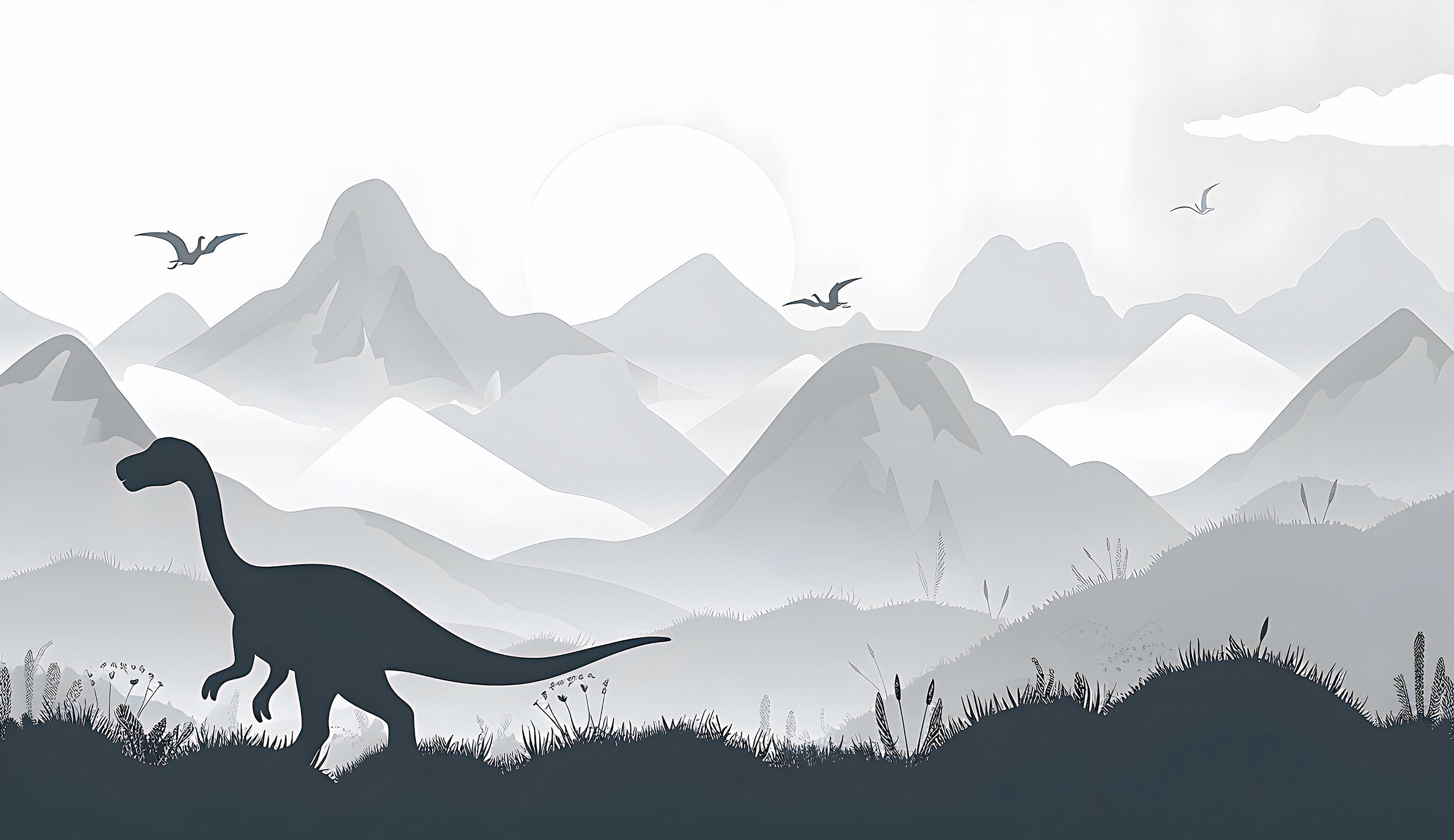 Dinosaur Wall Mural, Ancient World Nursery Wallpaper, Self-adhesive Grey Mountains Landscape Playroom Mural, PVC-free Decal