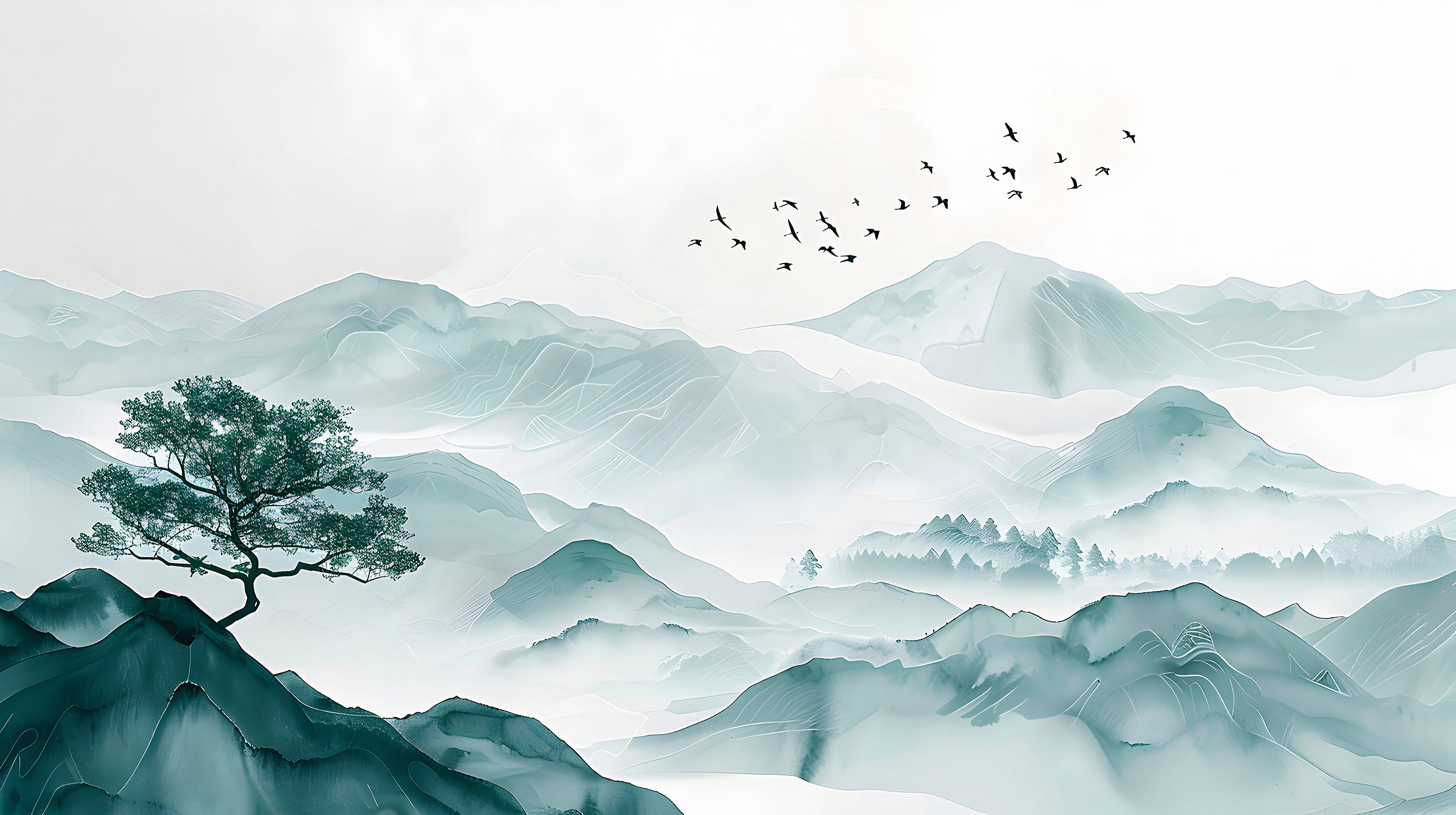 Bird Swallow and Mountains Mural, Peel and Stick Soft Green Misty Mountain Landscape Wallpaper, Abstract Foggy Nature Wall Decal