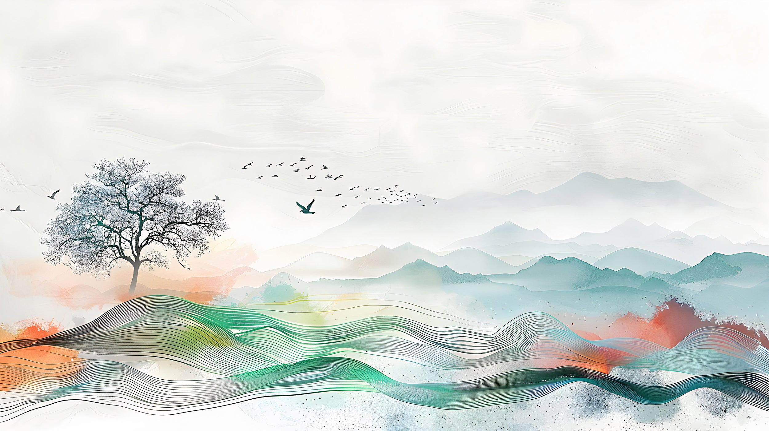 Abstract Landscape Wall Mural, Watercolor Nature Mural, Colorful Landscape Tree and Birds Wallpaper, Peel and Stick Minimalistic Wall Art